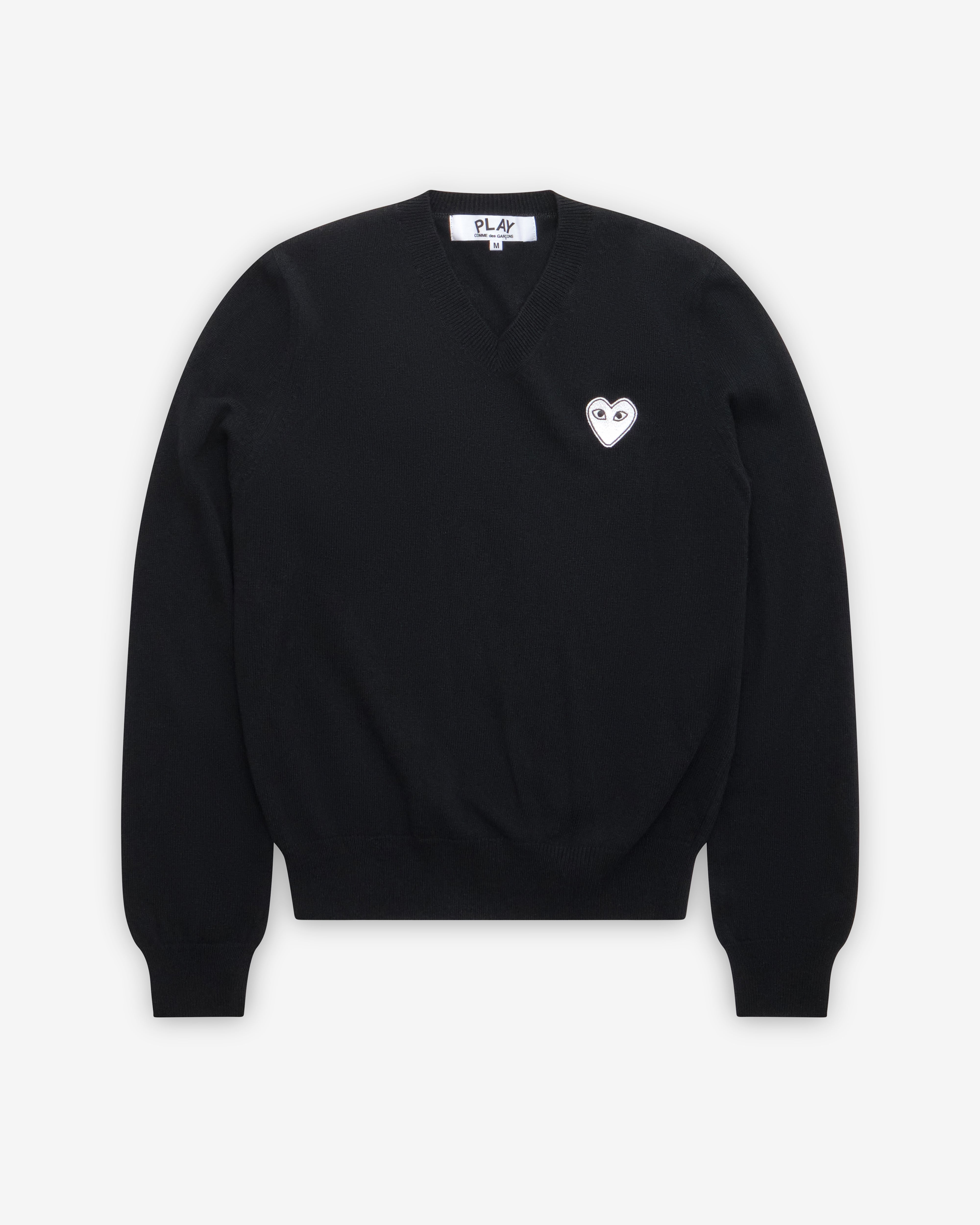 Play Comme des Garçons: White Heart V-Neck Sweater (Black) | DSMNY