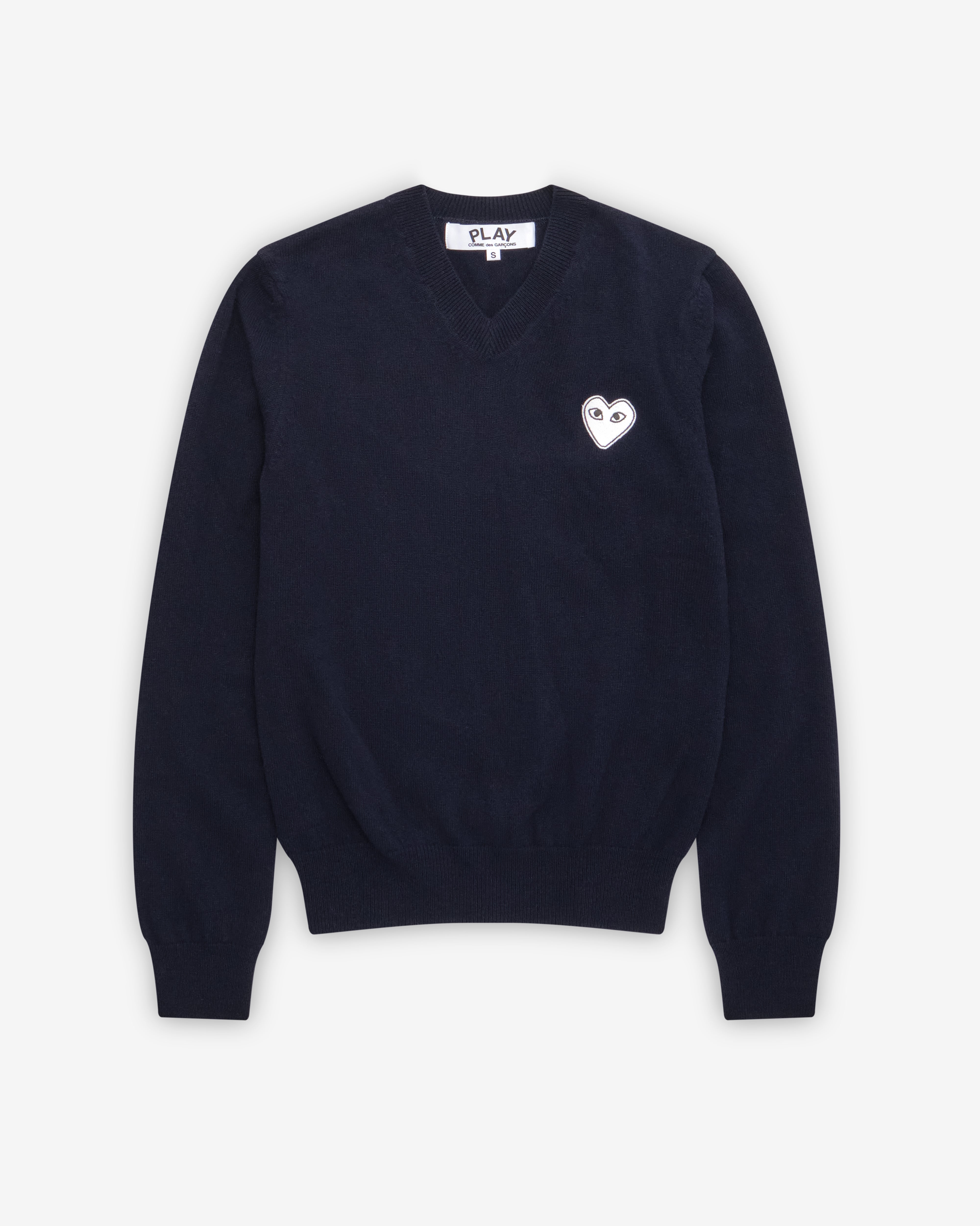 【定価36,300円】PLAY COMME DES GARÇONS /ポロニット Play Comme des Garçons: White Heart V-Neck Sweater (Navy) | DSMNY