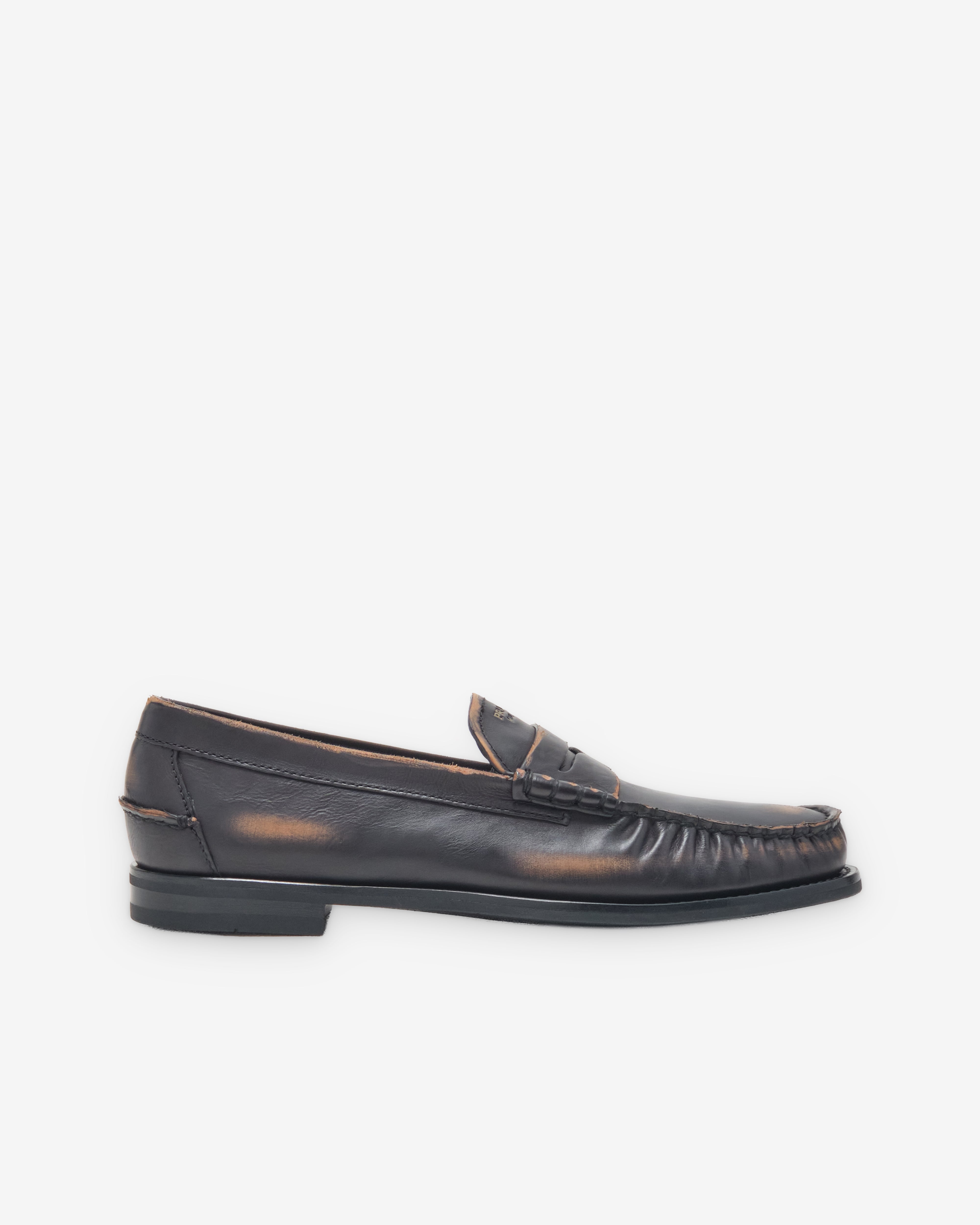 Prada: Men's Antiqued Leather Loafers (Black/Tan) | DSMNY E-SHOP