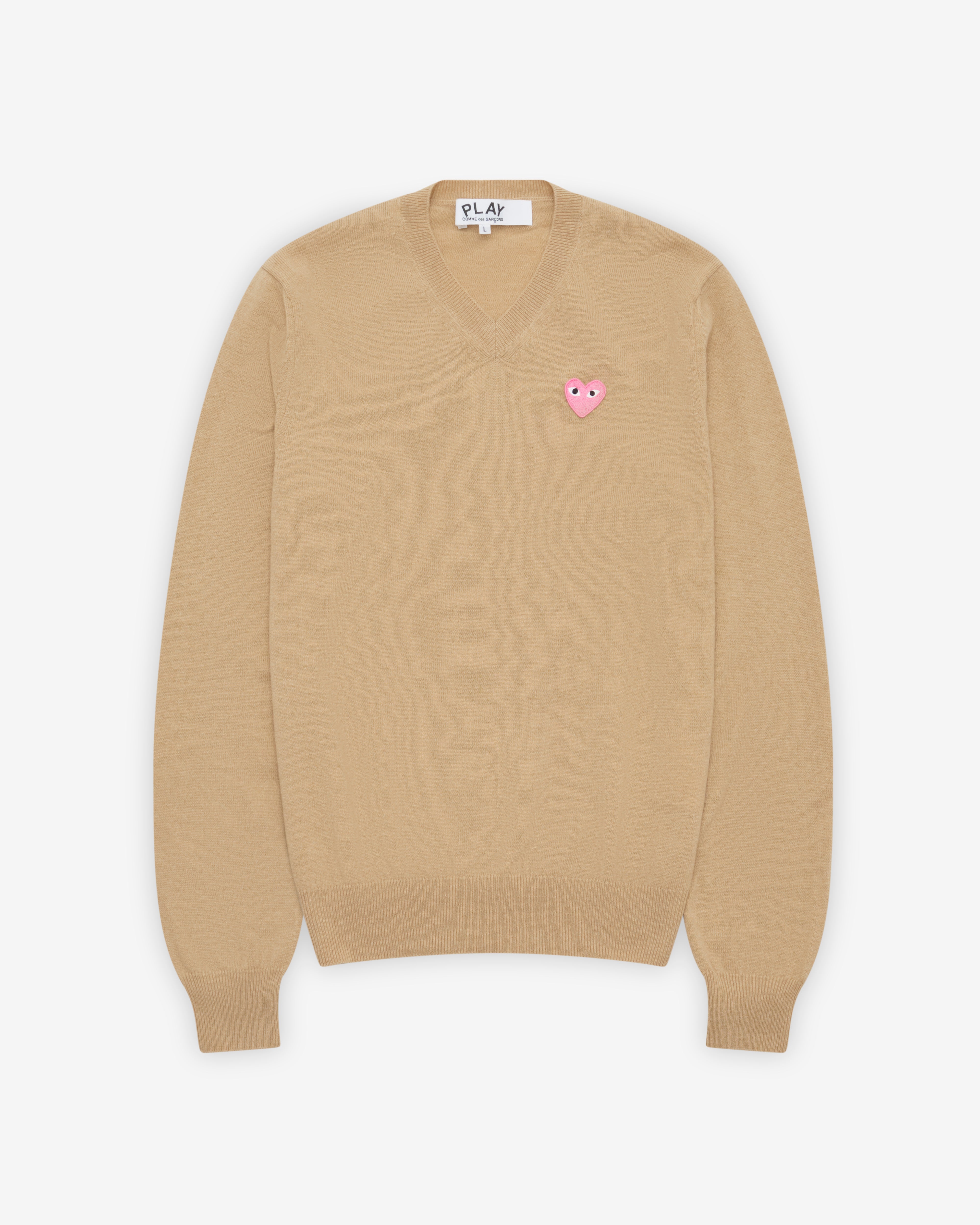 Play: Small Pink Heart V-Neck Sweater (Camel) | DSMNY E-SHOP
