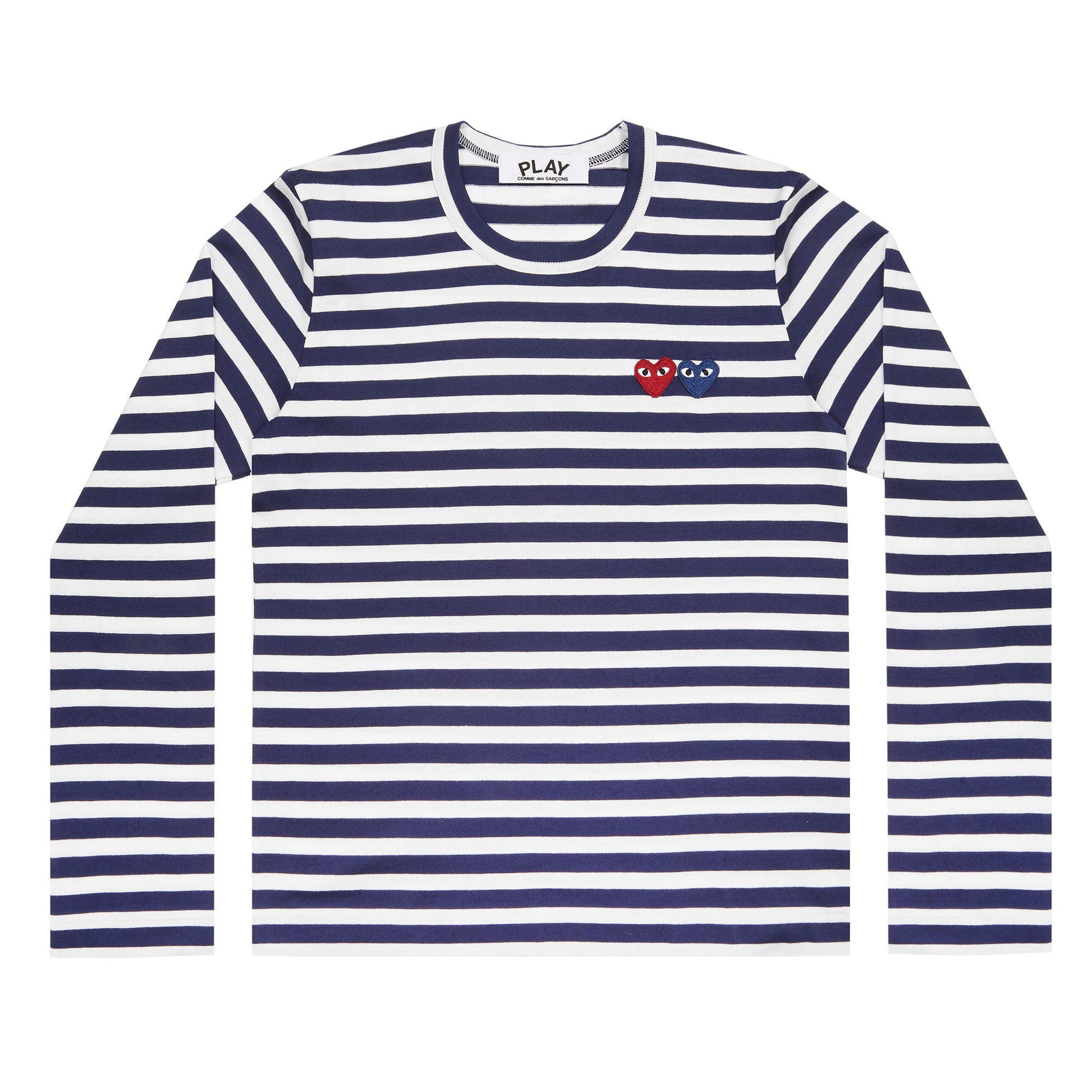 Play Comme des Garcons Striped T Shirt with Double Heart Navy White