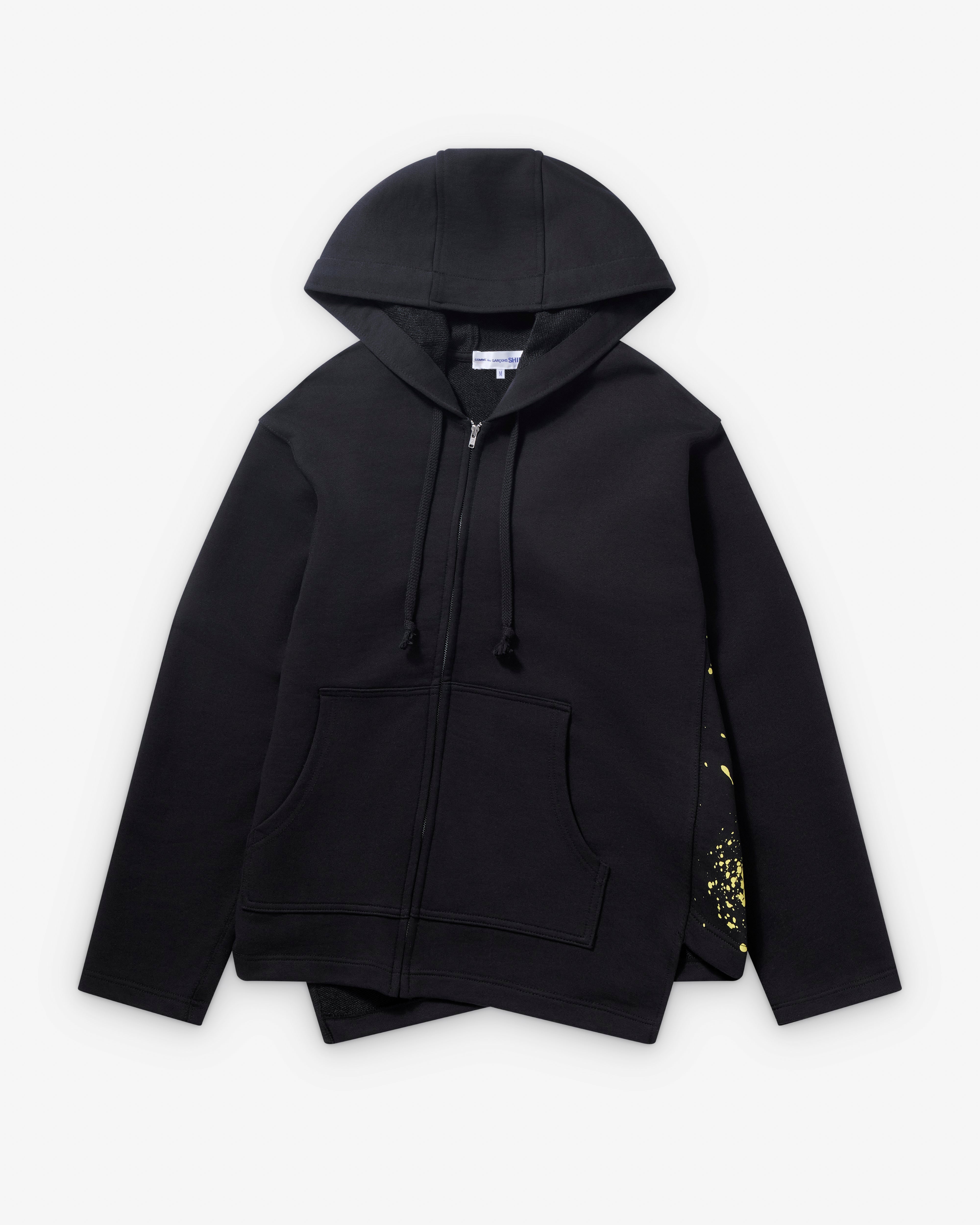 CDG Shirt: Men's Graphic Paint Splatter Zip Hoodie (Black) | DSMNY