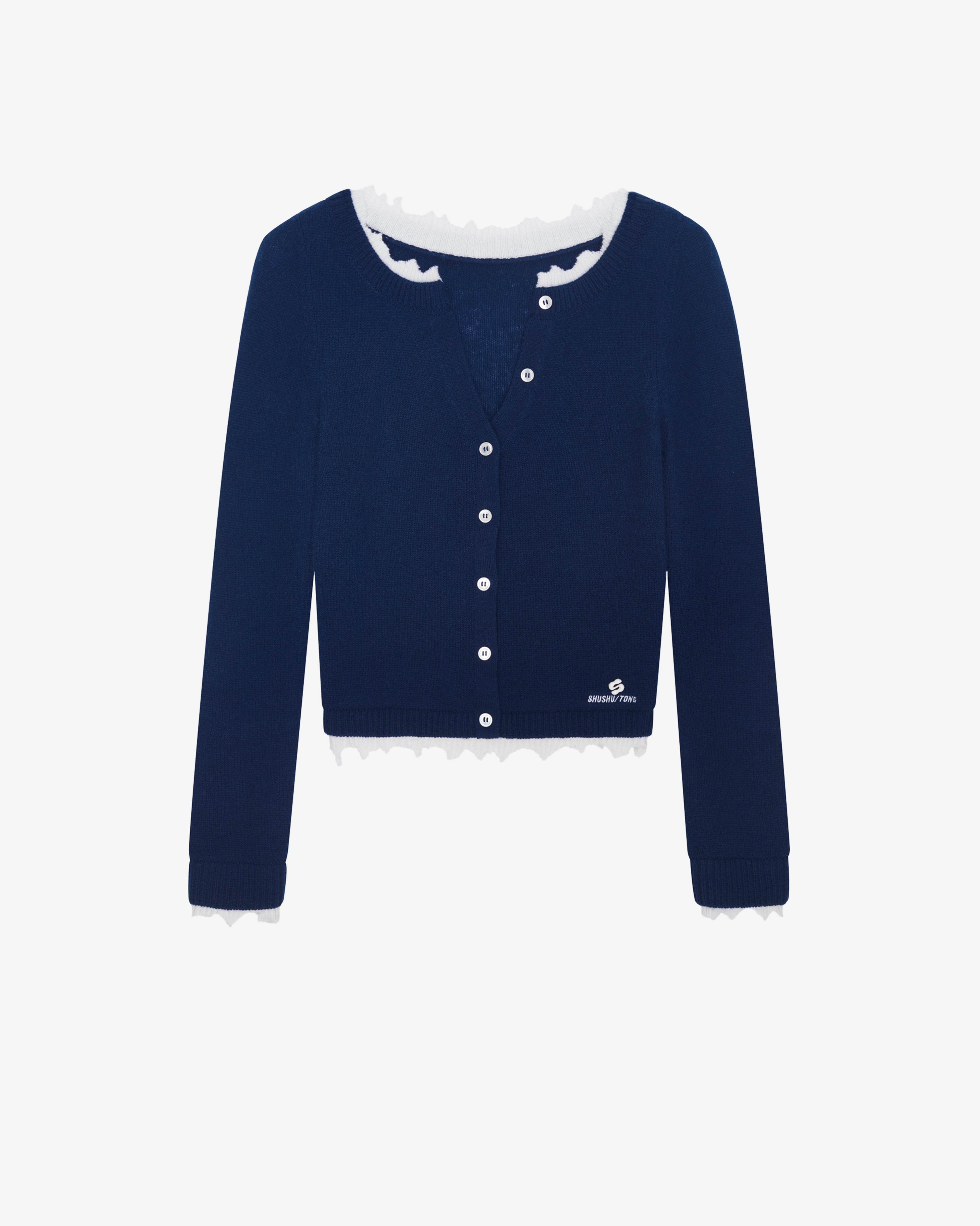 SHUSHU/TONG: Women's Contrast Trim Raw-Edge Knit Top (Navy Blue