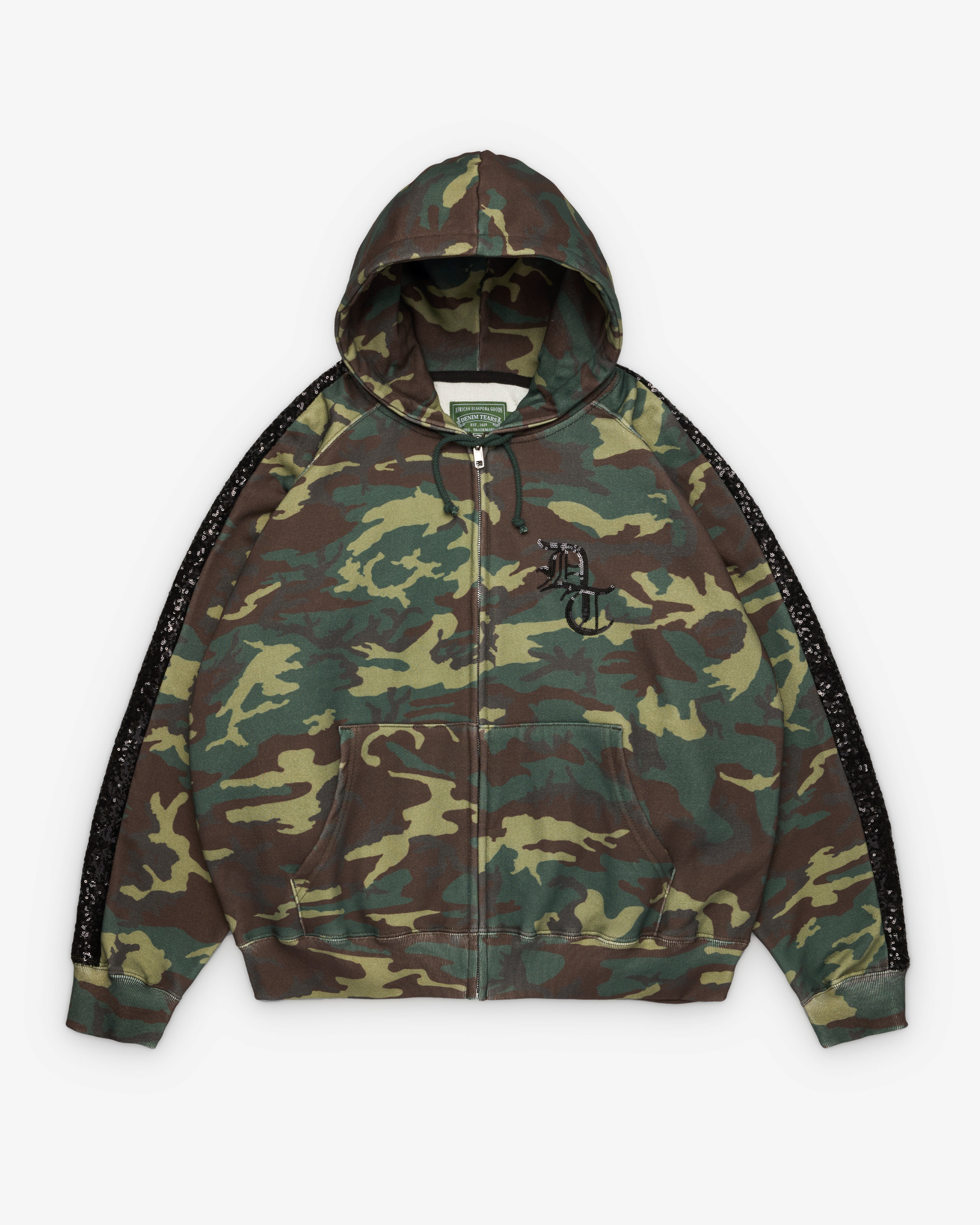 Denim Tears: Men's Sequins Sleeve Panel Zip Hoodie (Camo) | DSMNY