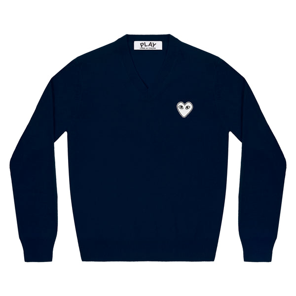 Play Comme des Garçons -  White Heart V-Neck Sweater - (Navy)