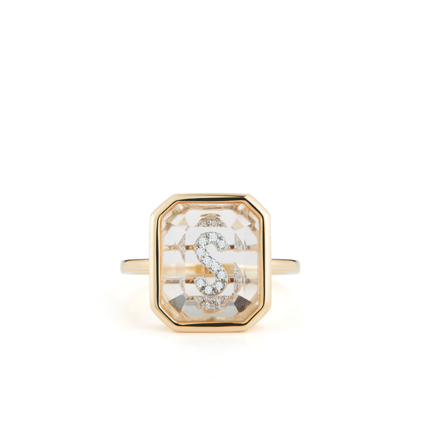 Mateo - Women's 14K Gold Frame Crystal Quartz Secret Diamond Initial Ring - (Yellow Gold)