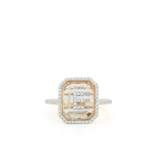 Mateo - Women's 14K Gold Diamond Frame Crystal Quartz Secret Diamond Initial Ring - (Yellow Gold)