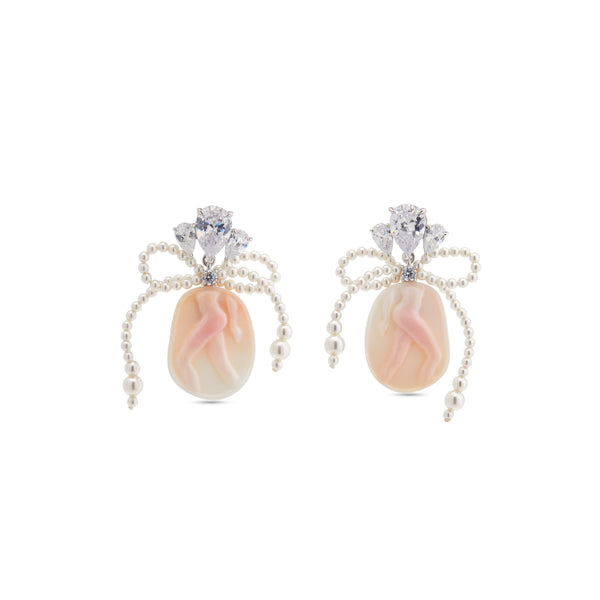ShuShu/Tong - Women's Embossed Pearl Bow Earrings - (Pink)