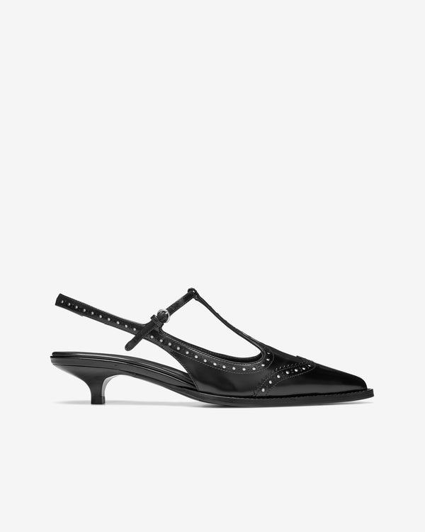 Miu Miu - Women's Brushed Leather Brogue Slingback T-Strap Pumps - (Black/Ivory)