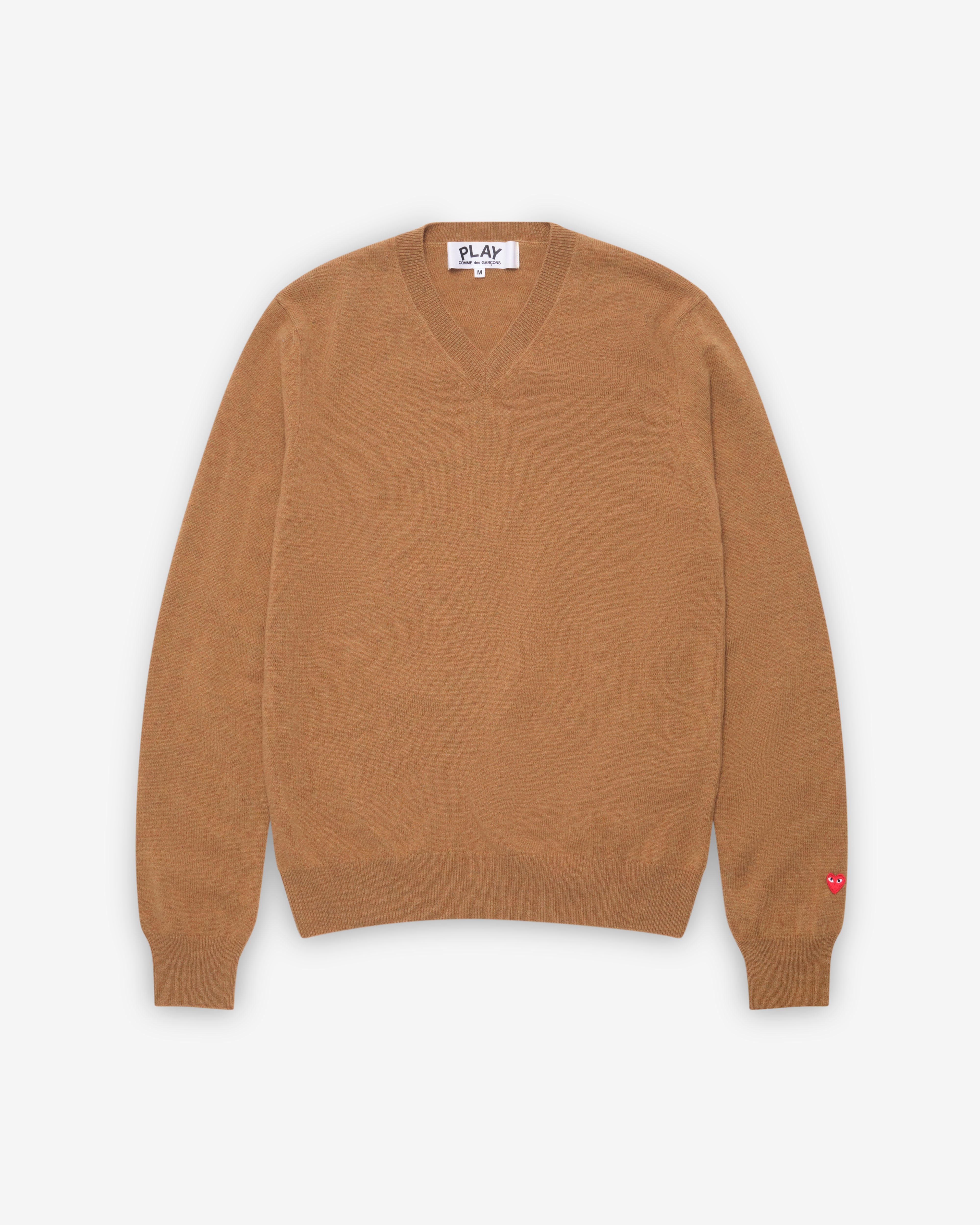 Play Comme des Garçons: V-Neck Sweater (Camel) | DSMNY E-SHOP