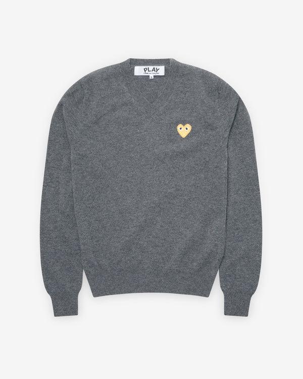 Play Comme des Garçons - Gold Heart V-Neck Sweater - (Mid Grey)