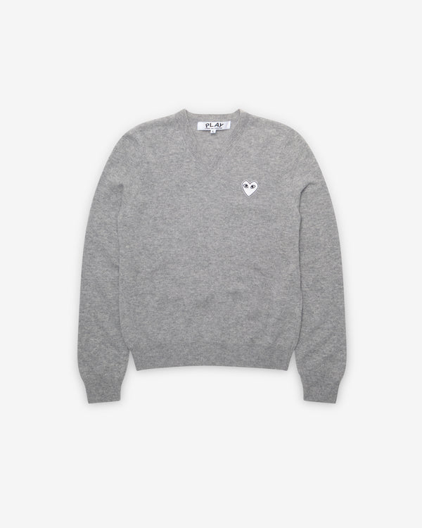 Play Comme des Garçons - White Heart V-Neck Sweater - (Light Grey)