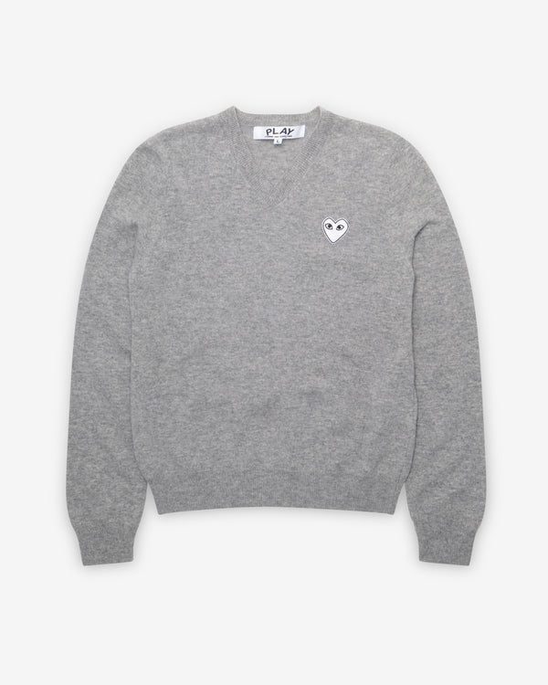 Play - White Heart V-Neck Sweater - (Light Grey)