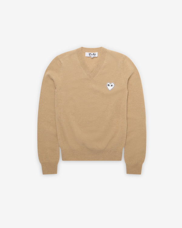 Play Comme des Garçons - White Heart V-Neck Sweater - (Camel)