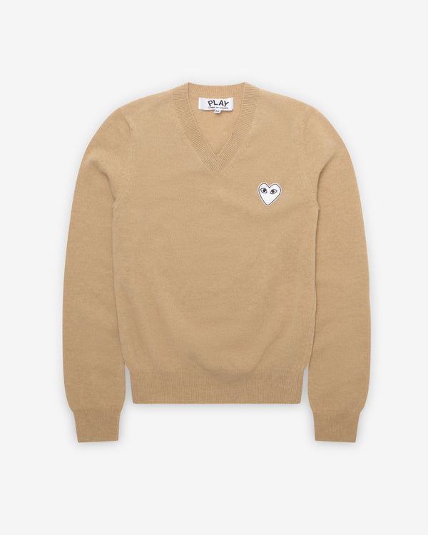 Play Comme des Garçons - White Heart V-Neck Sweater - (Camel)