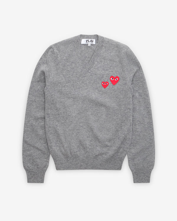 Play Comme des Garçons - V Neck Sweater Double Heart - (Grey)