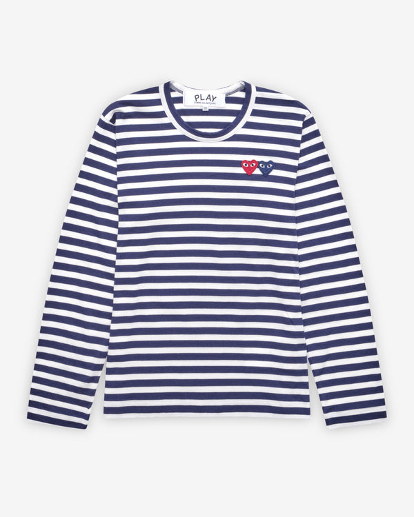 Play Comme des Garçons - Striped T-Shirt with Double Heart - (Navy/White)
