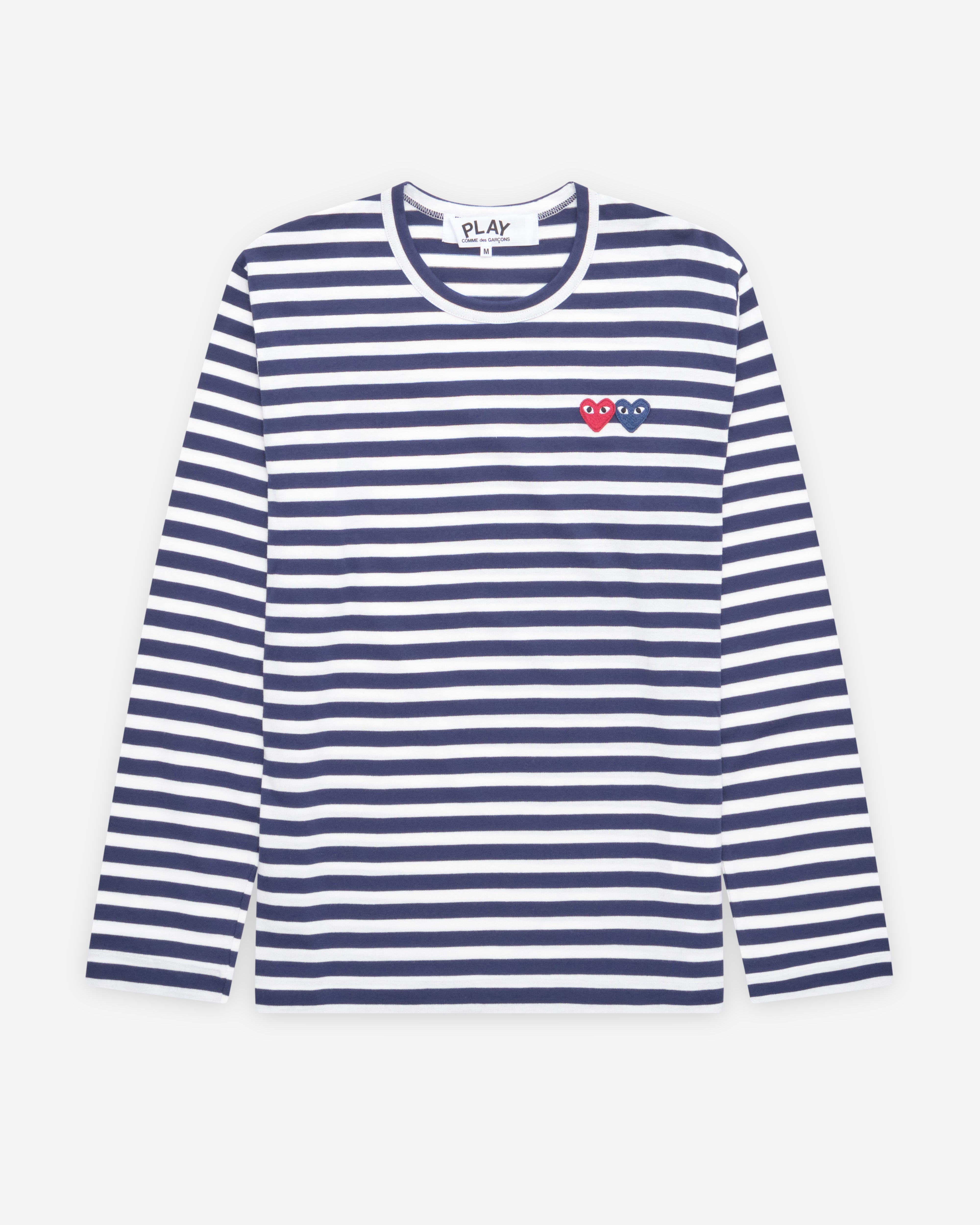 Play Comme des Garçons: Striped T-Shirt with Double Heart (Navy