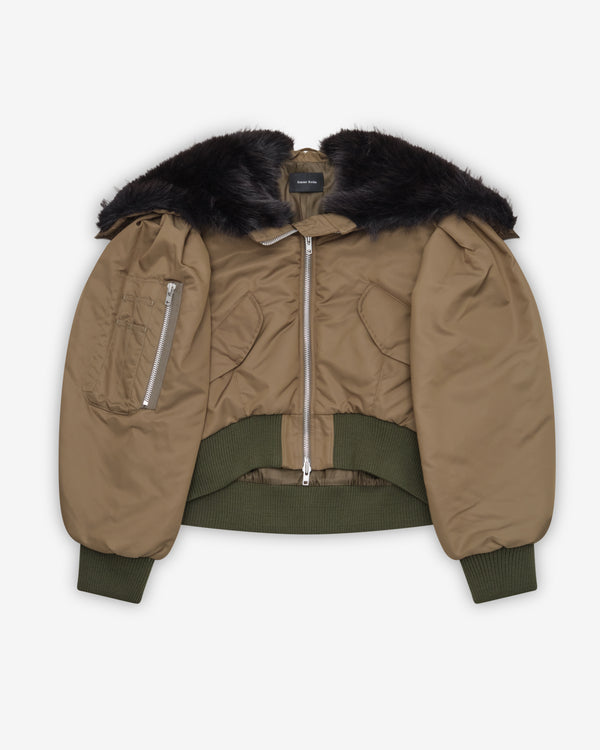 Simone Rocha - Women's Cropped Split Faux Fur Hood Bomber Jacket - (Khaki/Black)
