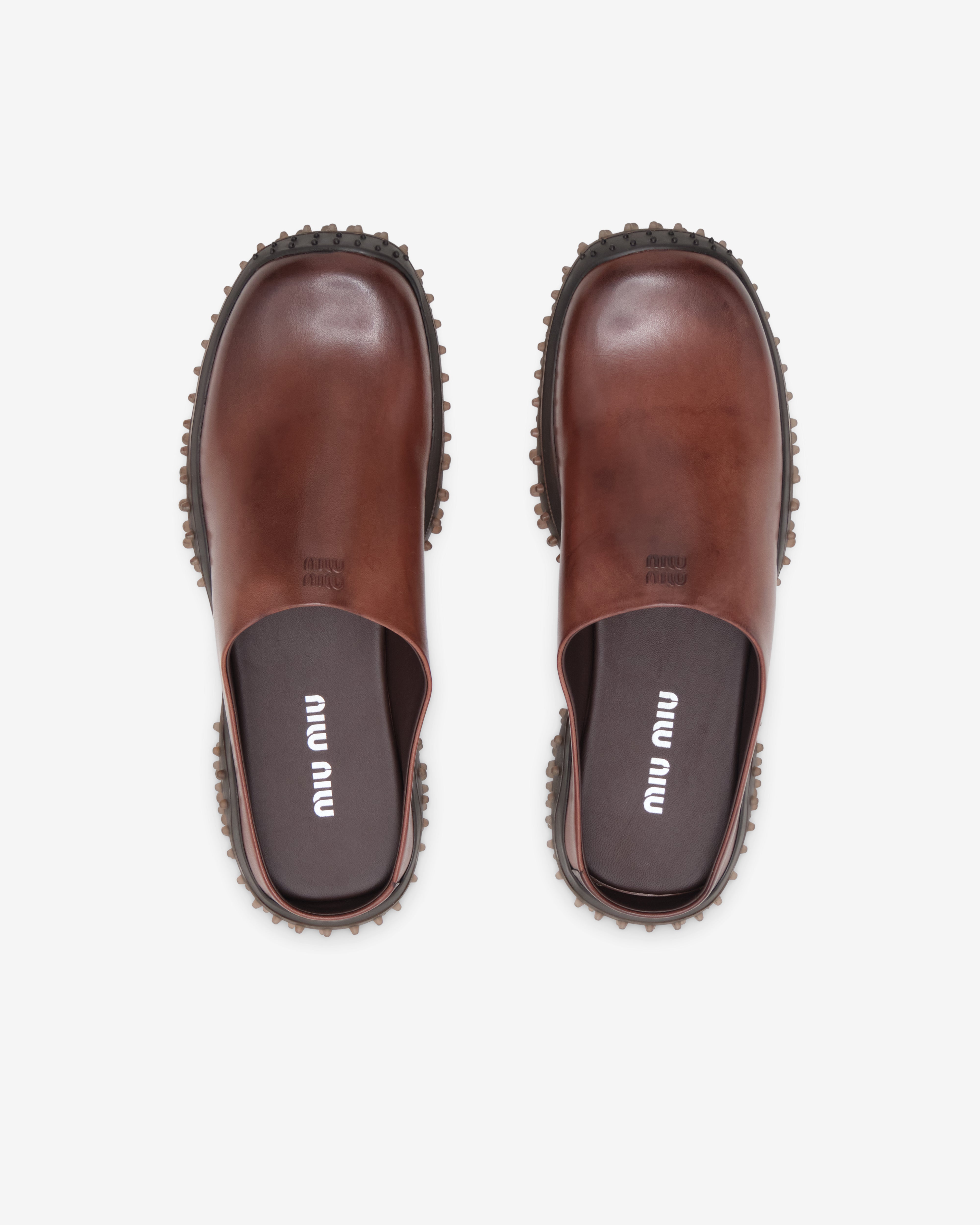Miu Miu: Women's Leather Mules (Coffee) | DSMNY E-SHOP