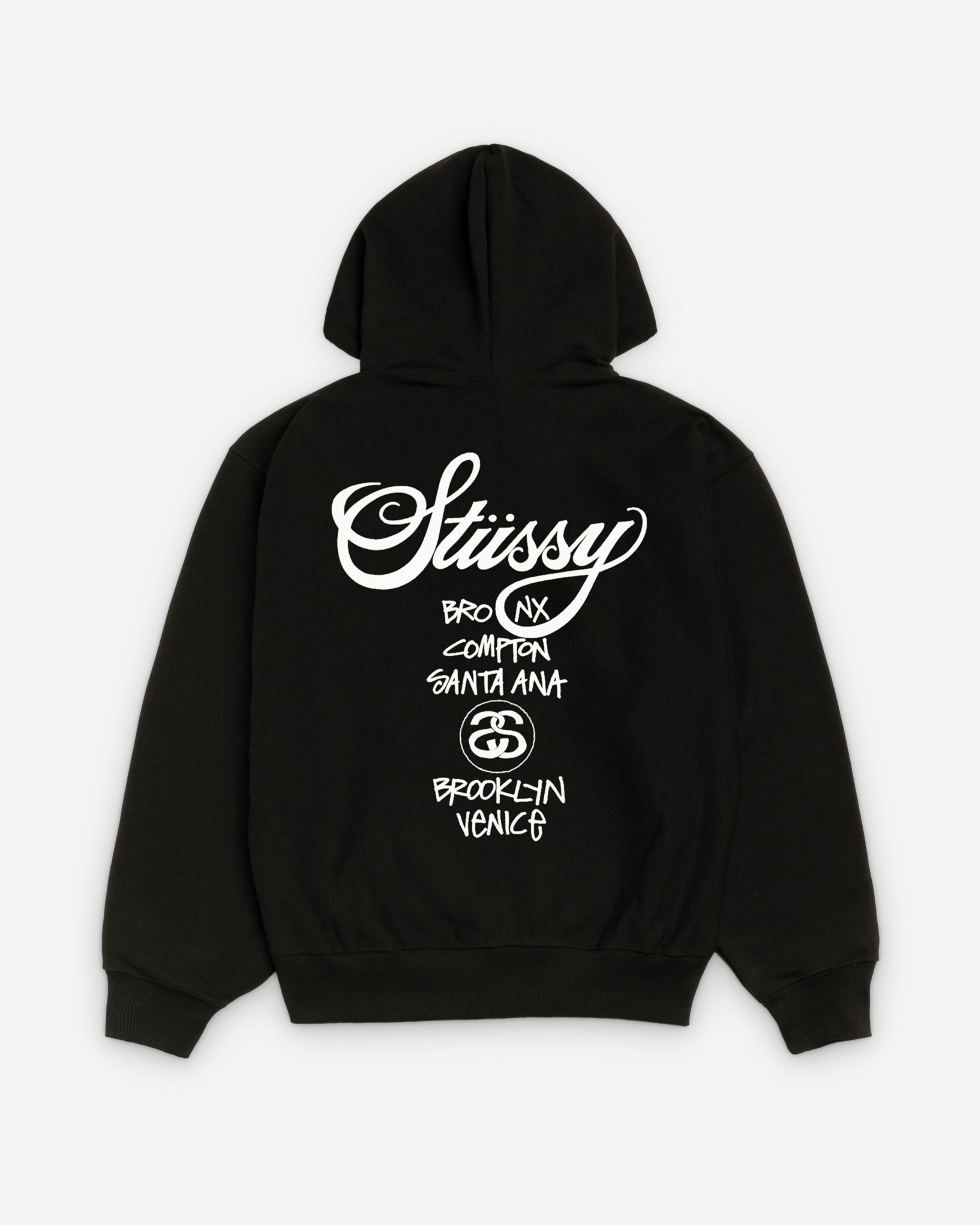 STUSSY シャッタード ジップ フード Lサイズ ブラック Stüssy: World Tour Zip Hood (Black) | DSMNY E-SHOP