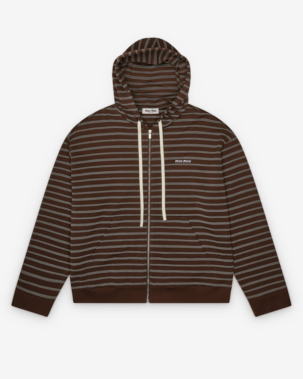 Miu Miu - Women's Striped Cotton Fleece Hoodie - (Cocoa Brown/White)