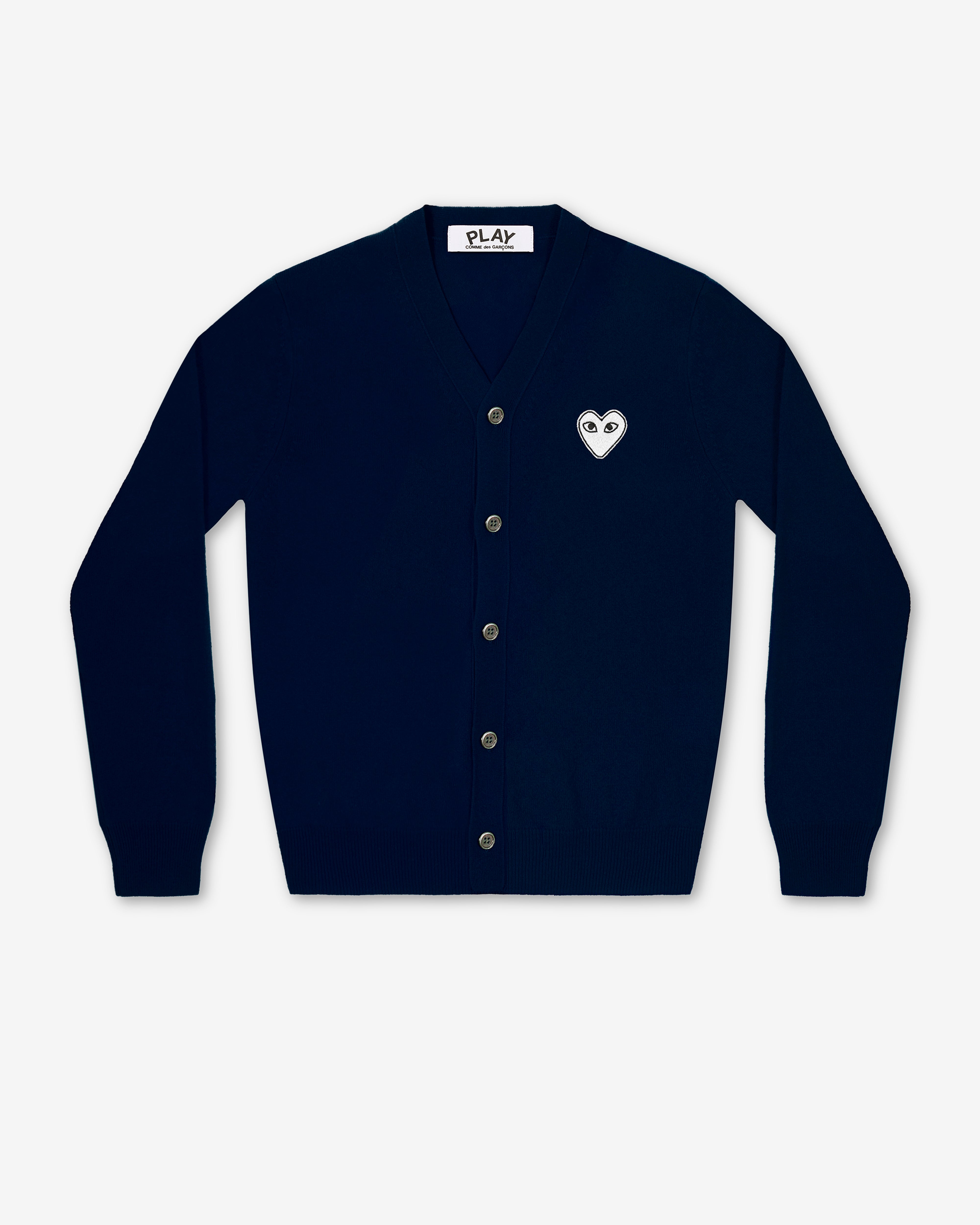 Play Comme des Garçons: White Heart Men's Cardigan (Navy) | DSMNY