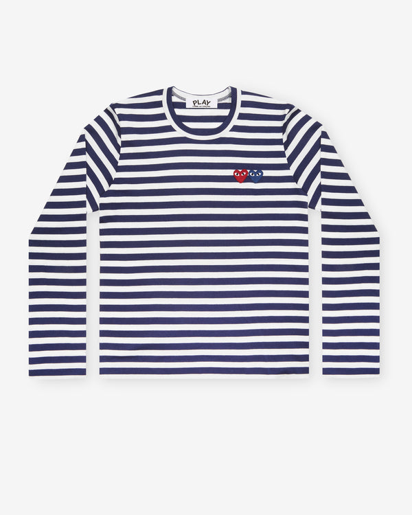 Play Comme des Garçons - Striped T-Shirt with Double Heart - (Navy/White)