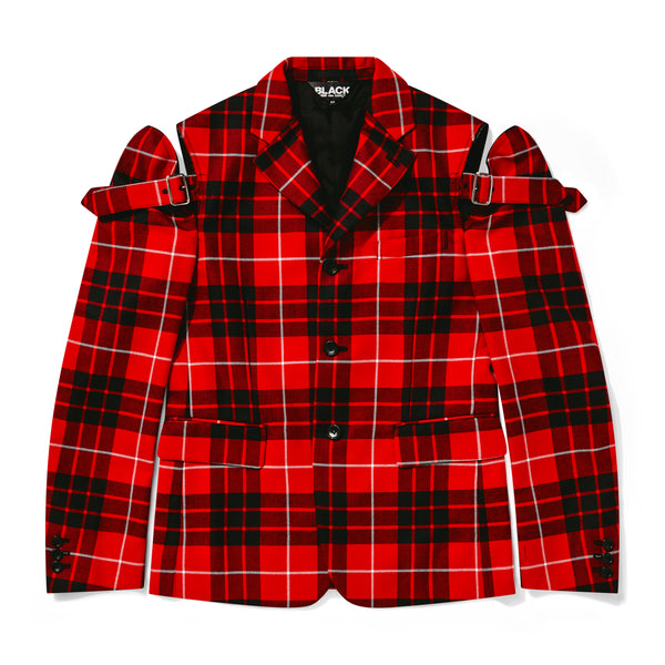 BLACK Comme des Garçons - Tartan Wool Buckled Shoulder Jacket - (Red/Black)