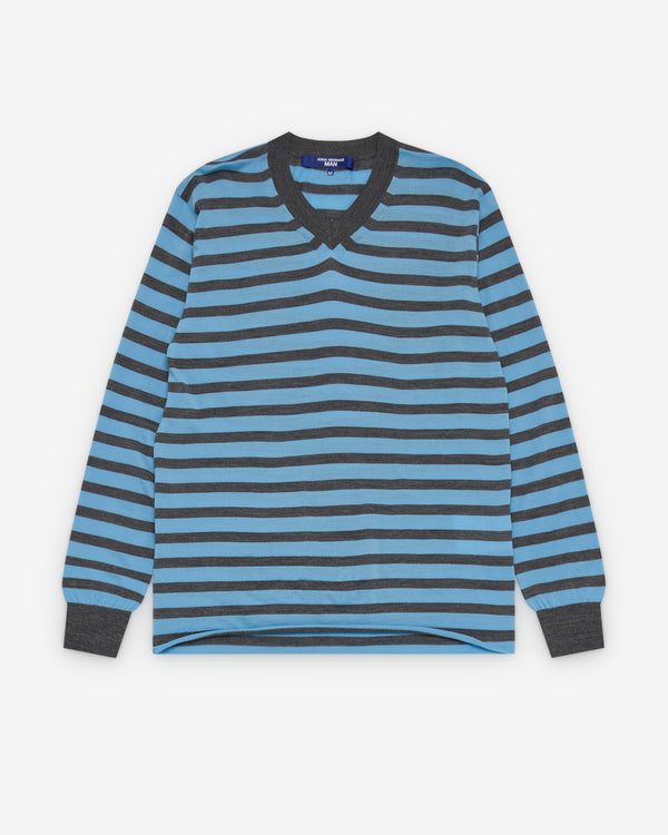 Junya Watanabe Man - Men's Striped V-Neck Sweater - (Grey/Sax Blue)