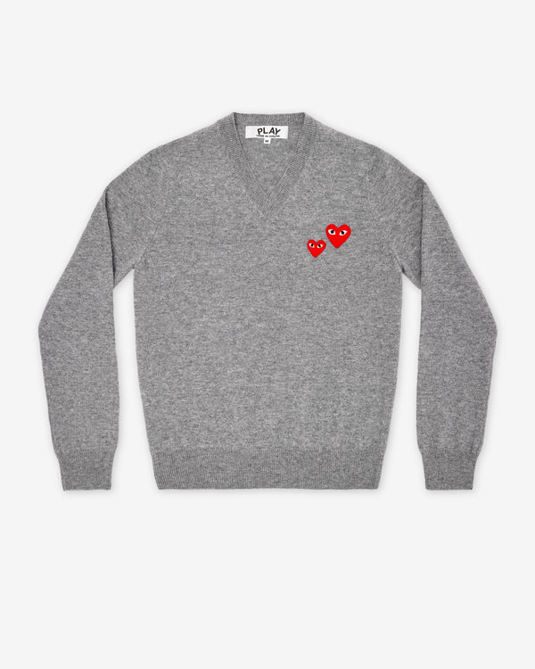 Play Comme des Garçons - V Neck Sweater Double Heart - (Grey)