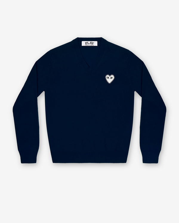 Play Comme des Garçons -  White Heart V-Neck Sweater - (Navy)