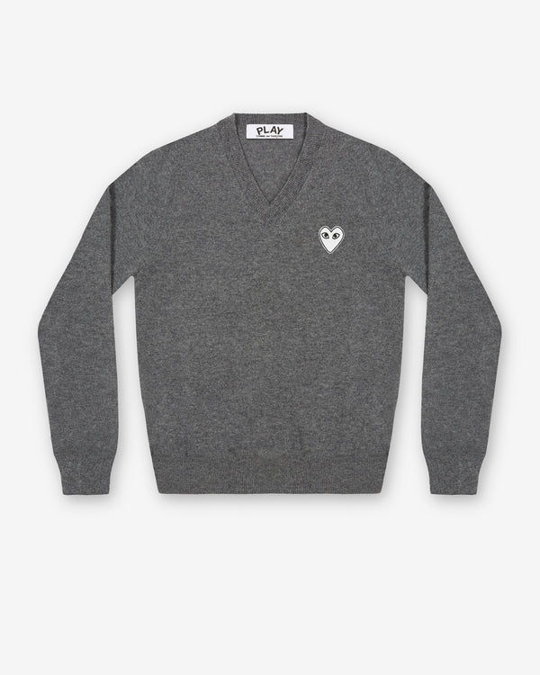 Play Comme des Garçons - White Heart V-Neck Sweater - (Grey)