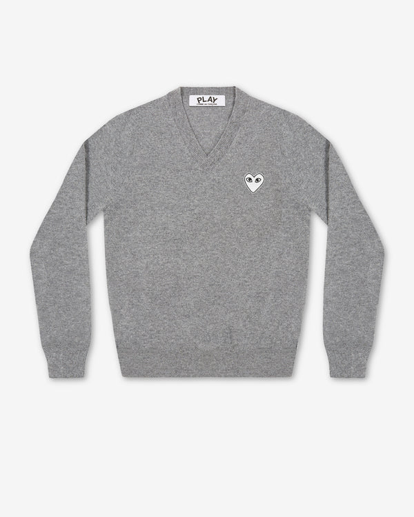 Play Comme des Garçons - White Heart V-Neck Sweater - (Light Grey)