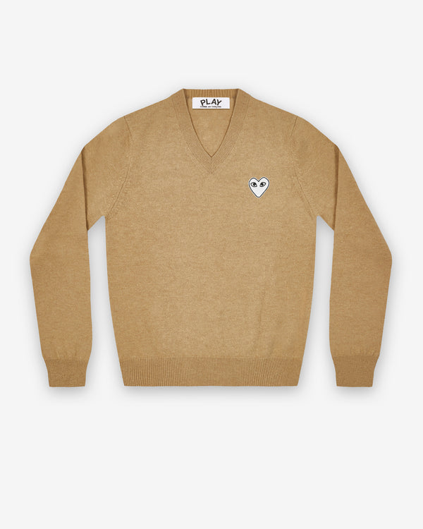 Play Comme des Garçons - White Heart V-Neck Sweater - (Camel)