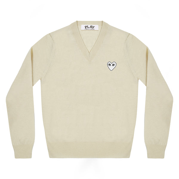 Play - White Heart Natural V-Neck Sweater - (Natural)