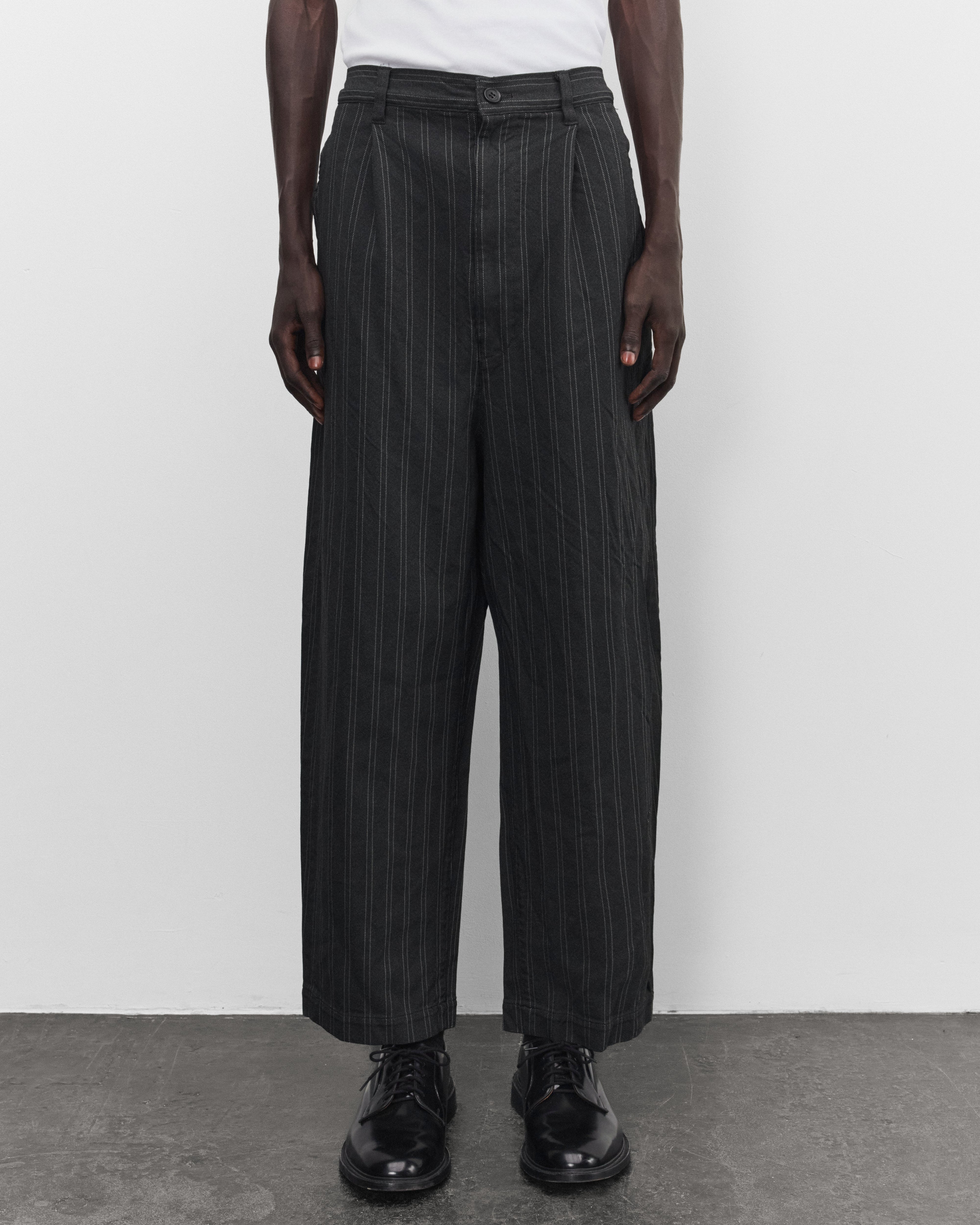 Junya Watanabe Man: Men's Pleated Stripe Trousers (Grey/White