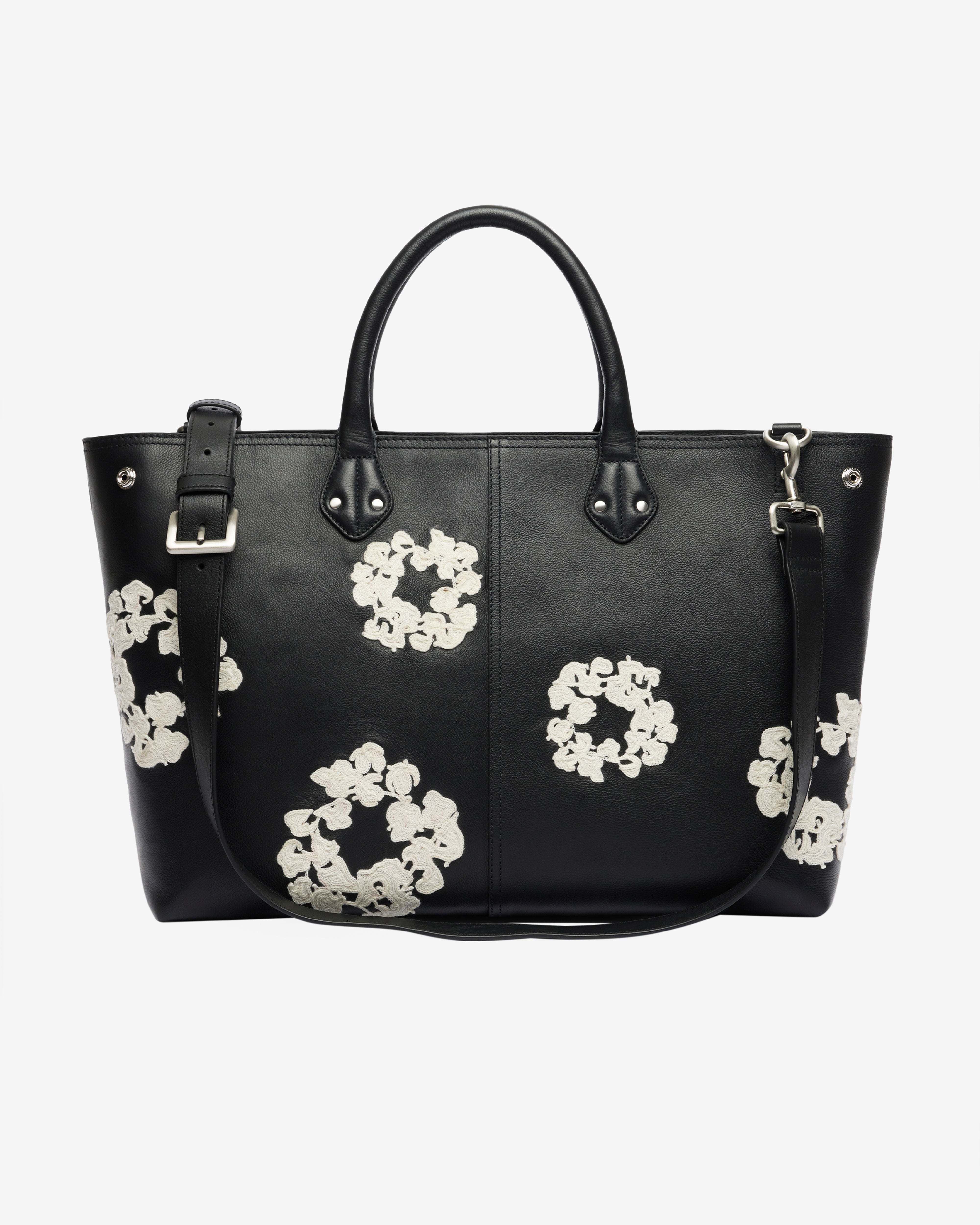 Denim Tears: Men's Large Cotton Wreath Leather Bag (Black/White