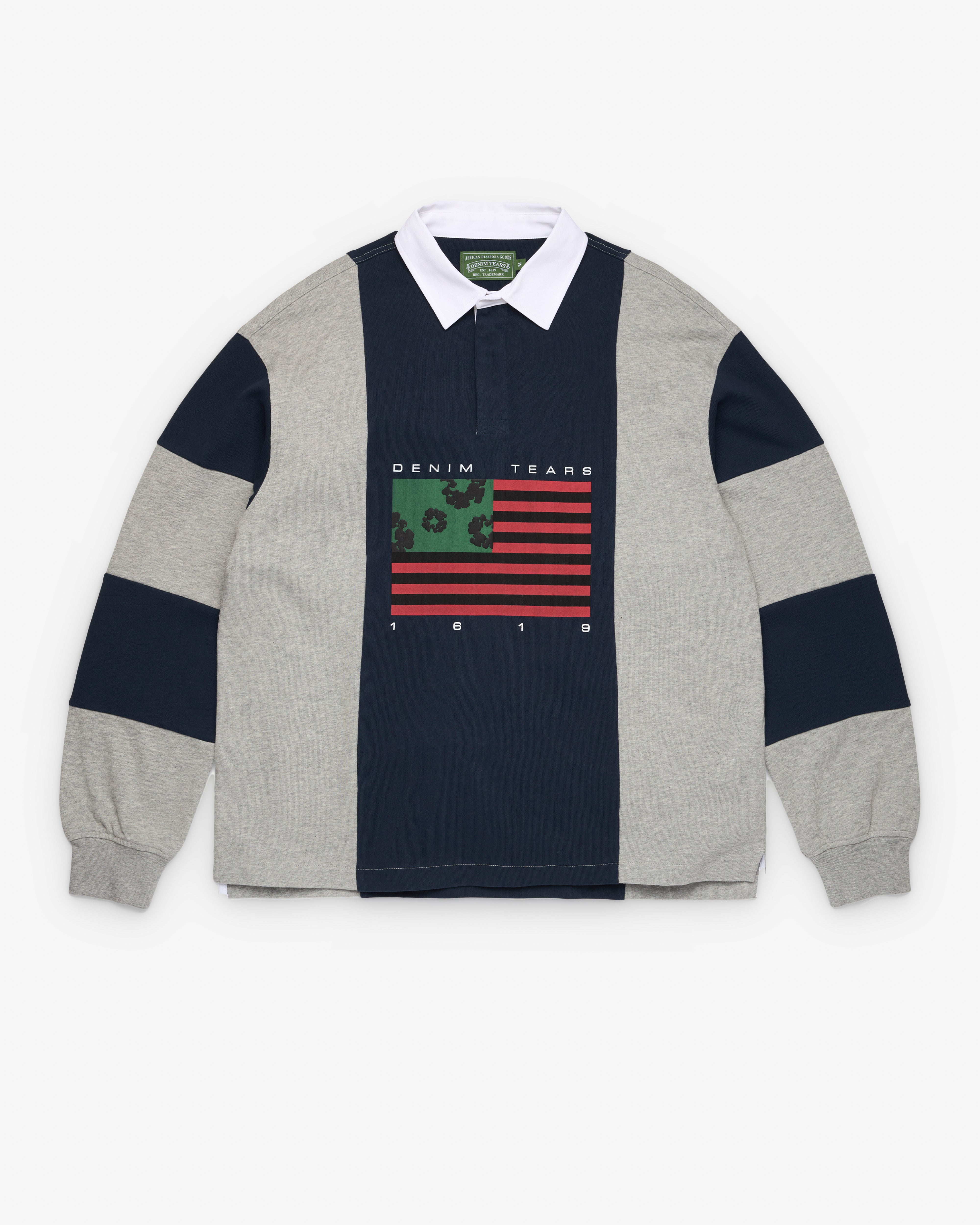 Denim Tears: Men's Flag Rugby Shirt (Grey/Navy) | DSMNY E-SHOP