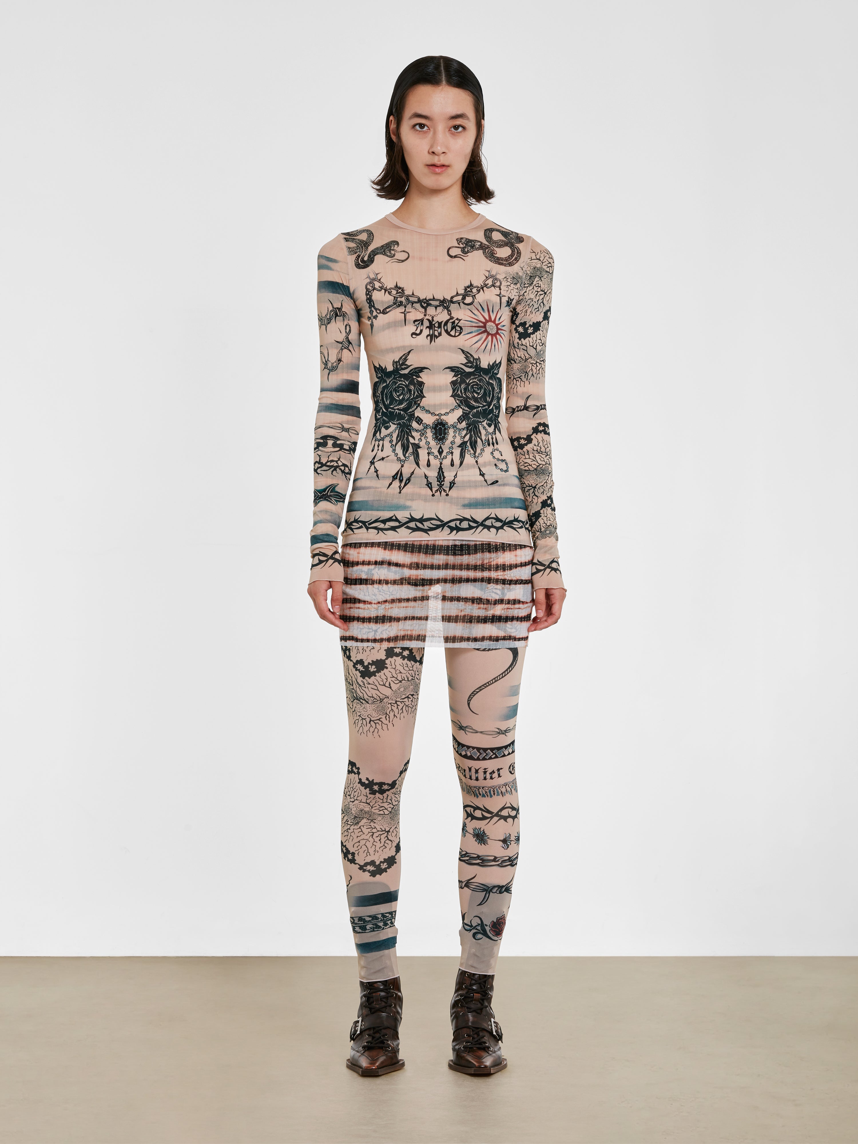 Jean Paul Gaultier - KNWLS Women’s Trompe L’Oeil Tattoo Long Sleeve Top -  (Nude/Grey/Black)