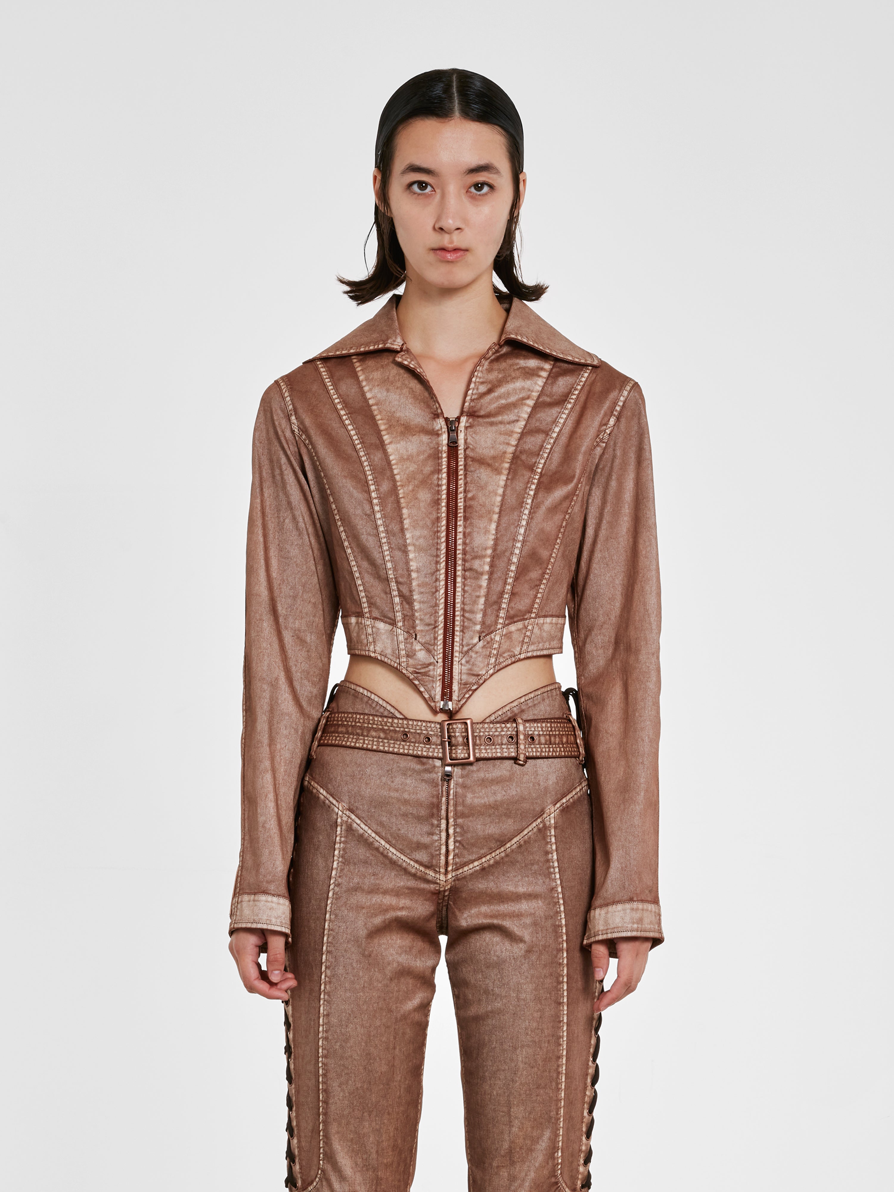 x KNWLS cutout leather bustier in brown - Jean Paul Gaultier