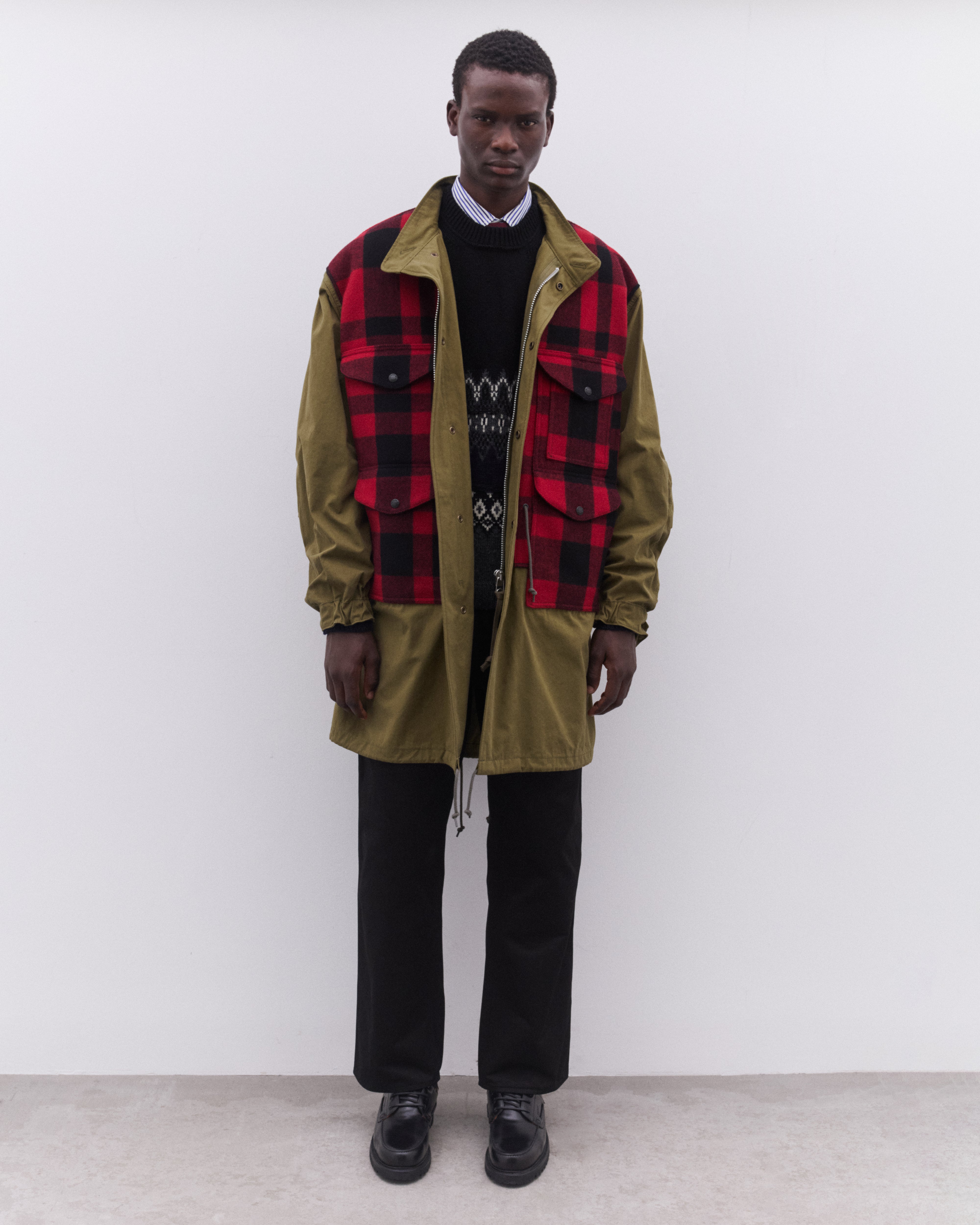 Junya Watanabe Man: Men's Check-Detail Coat (Khaki/Red/Black