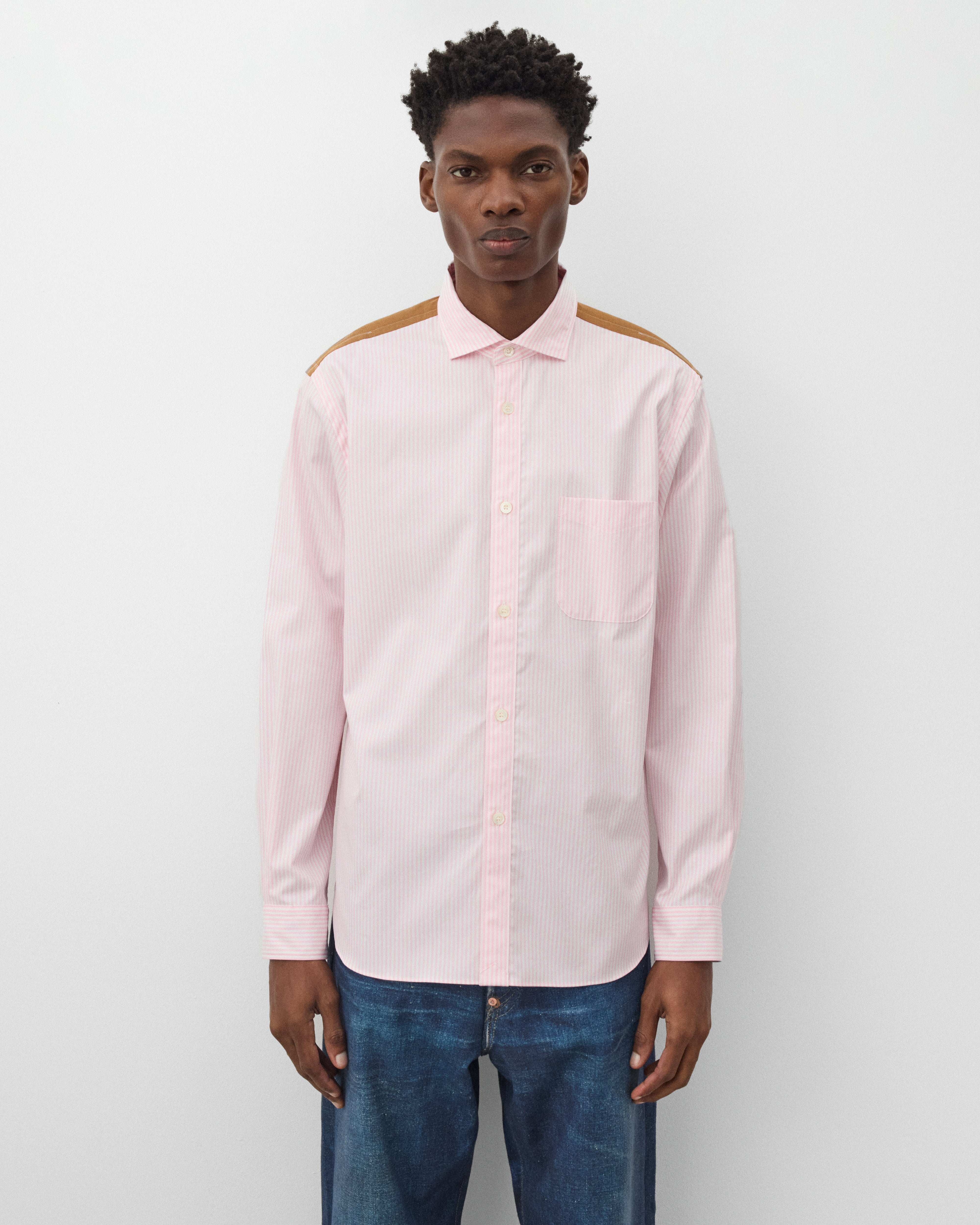 Junya Watanabe Man: Men's Stripe & Check Shirt (Pink) | DSMNY E-SHOP