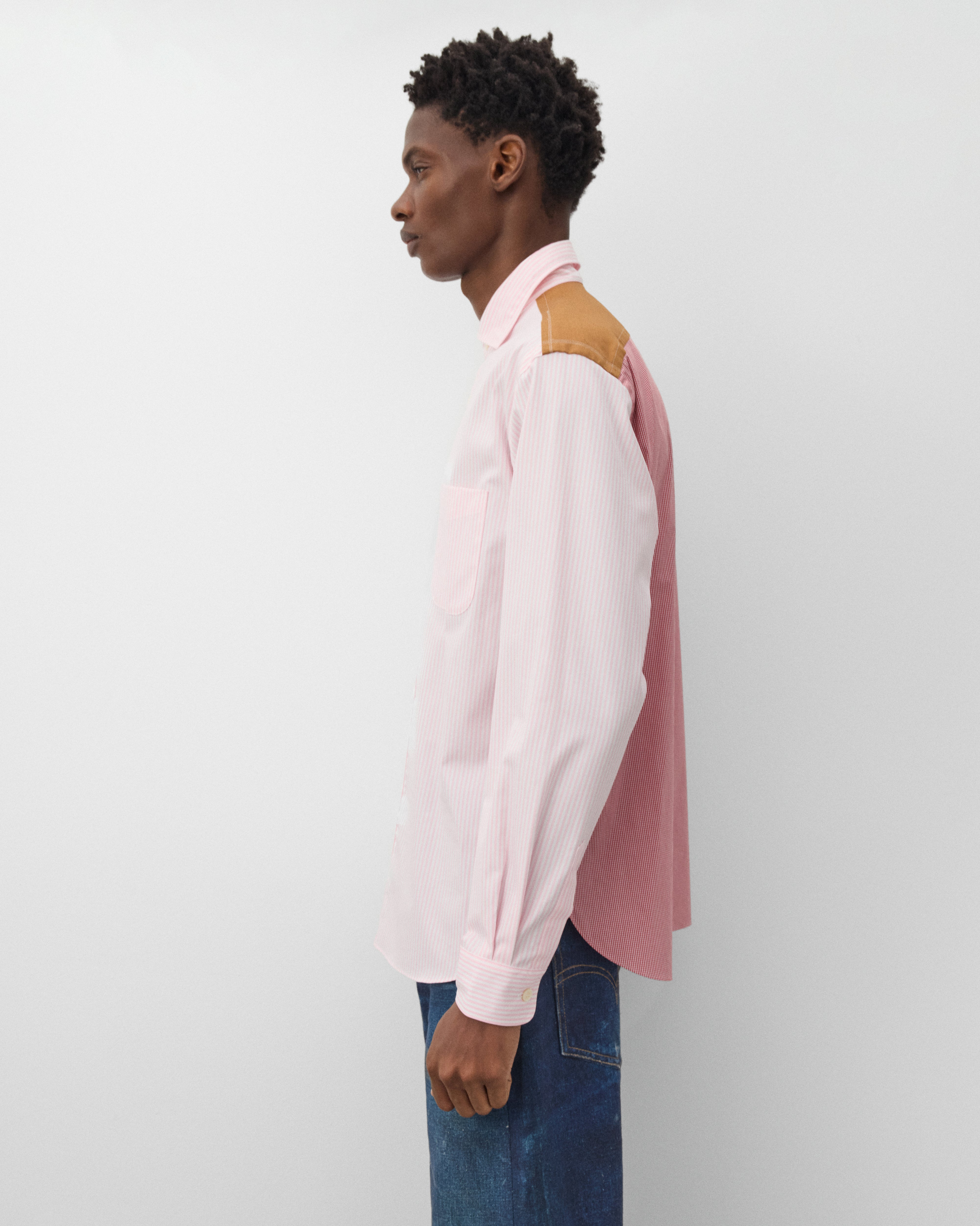 Junya Watanabe Man: Men's Stripe & Check Shirt (Pink) | DSMNY E-SHOP