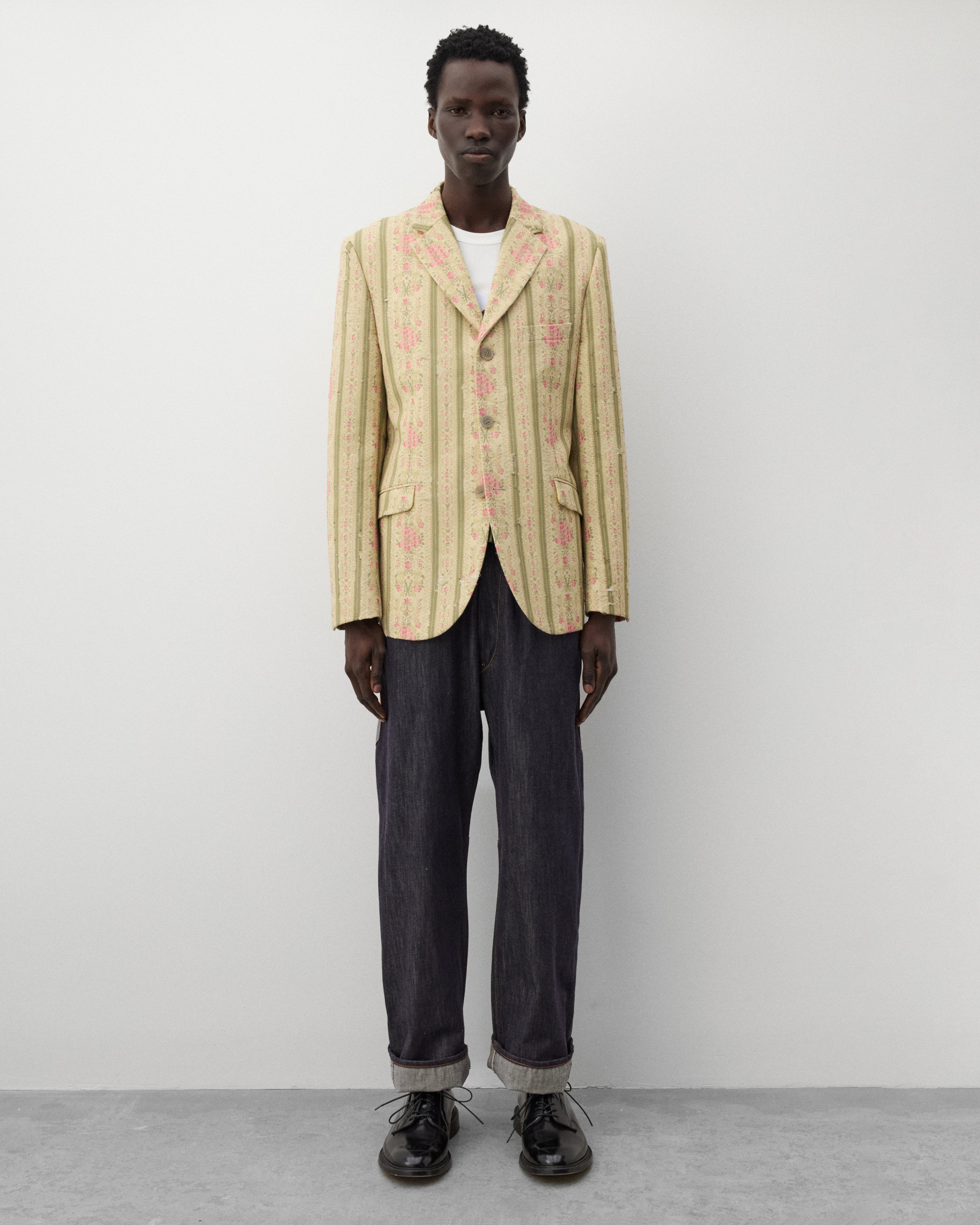 Junya Watanabe Man: Men's Floral Stripe Blazer (Cream/Green/Pink