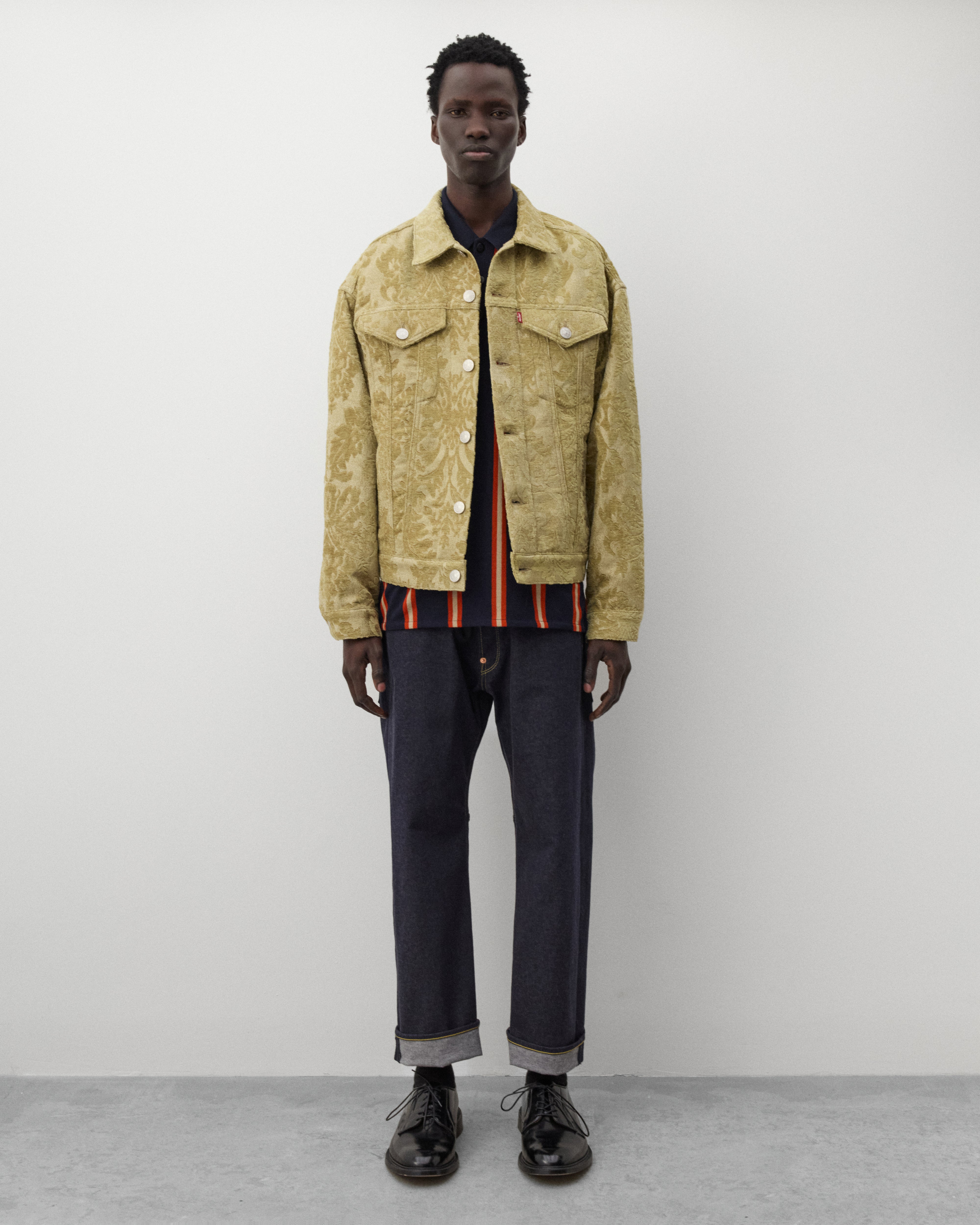 Junya Watanabe Man: Men's Striped Knit Polo (Navy/Orange) | DSMNY