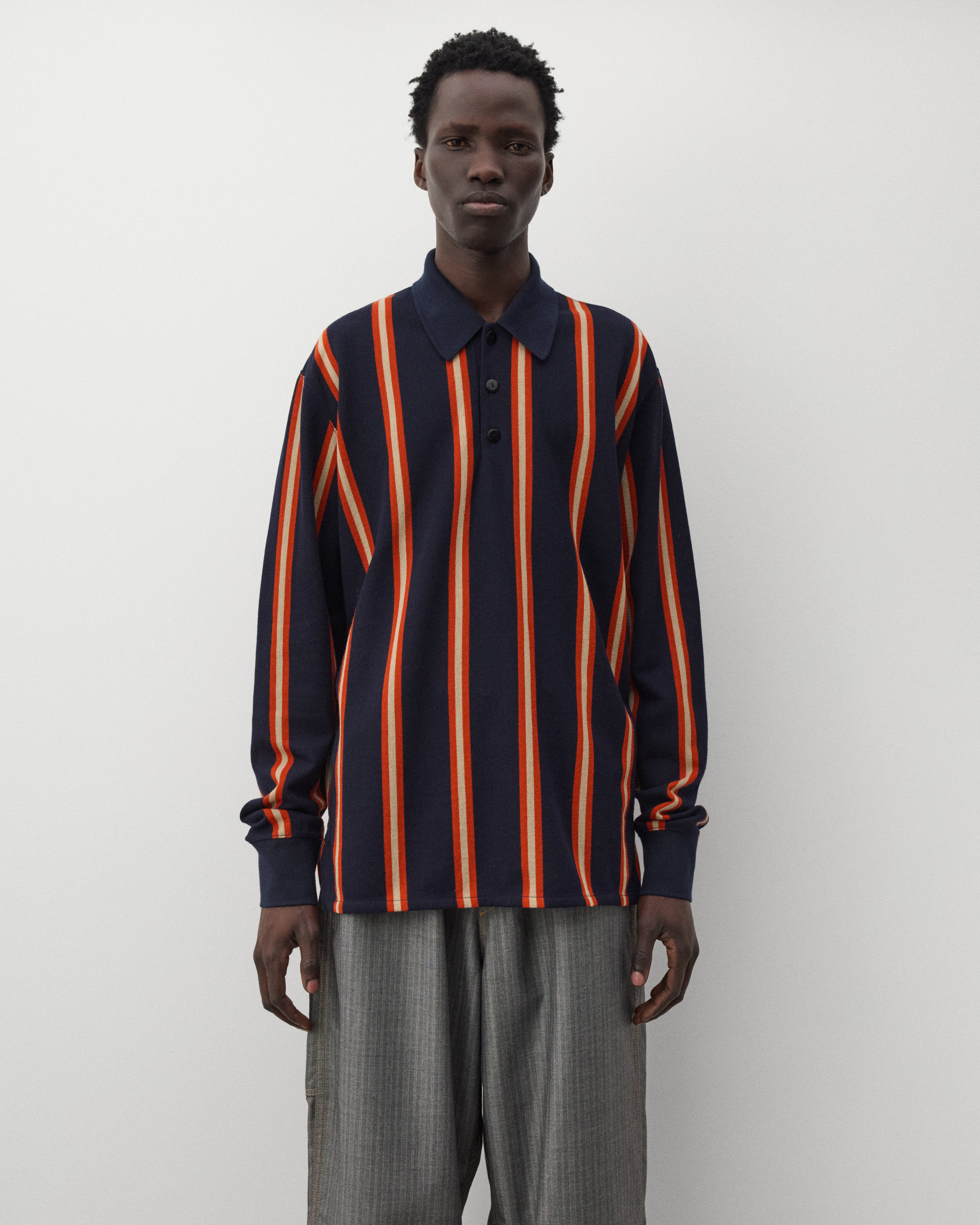 Junya Watanabe Man: Men's Striped Knit Polo (Navy/Orange) | DSMNY