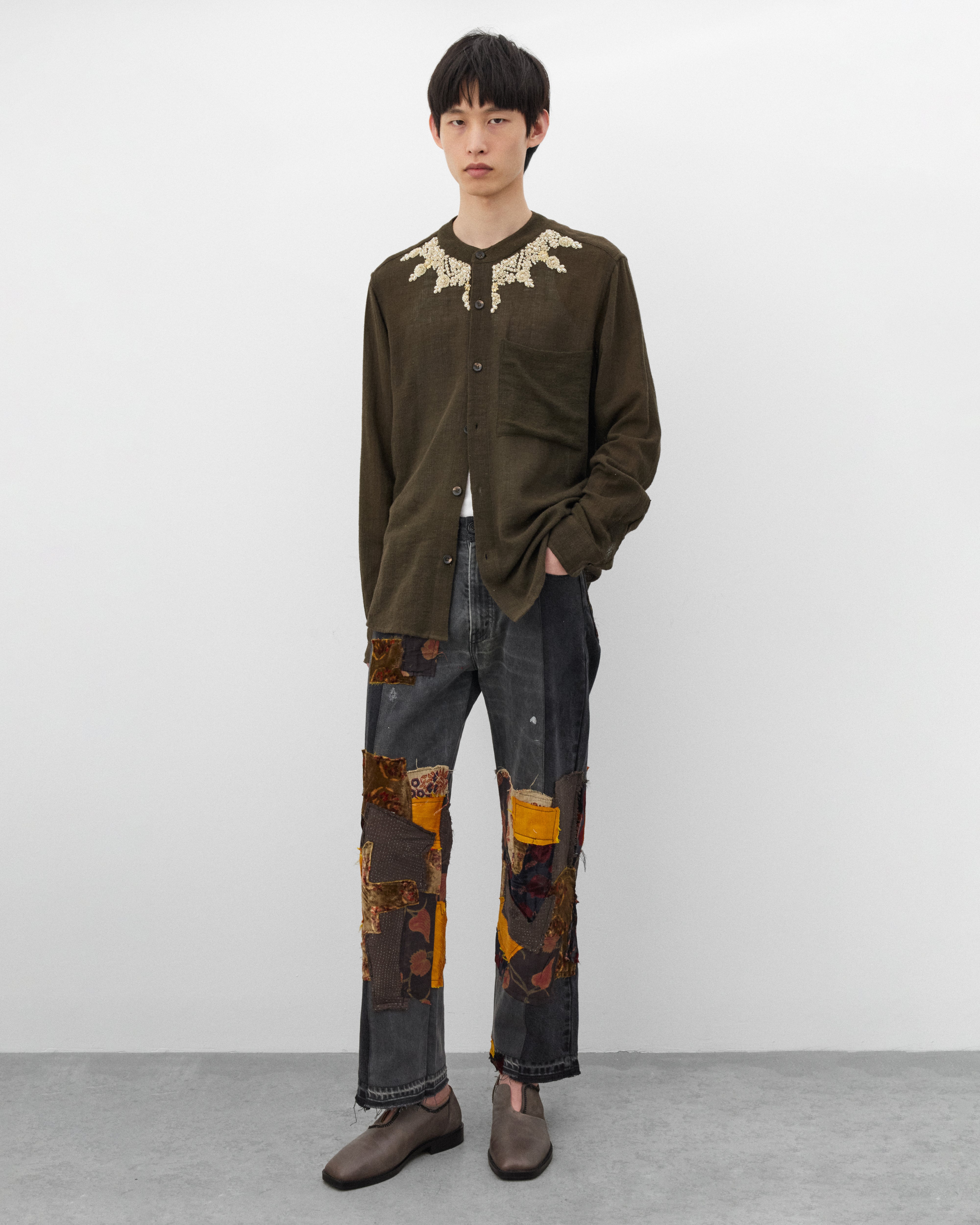 Kartik Research: Men's Band Collar Shirt (Bark/Gold) | DSMNY E-SHOP