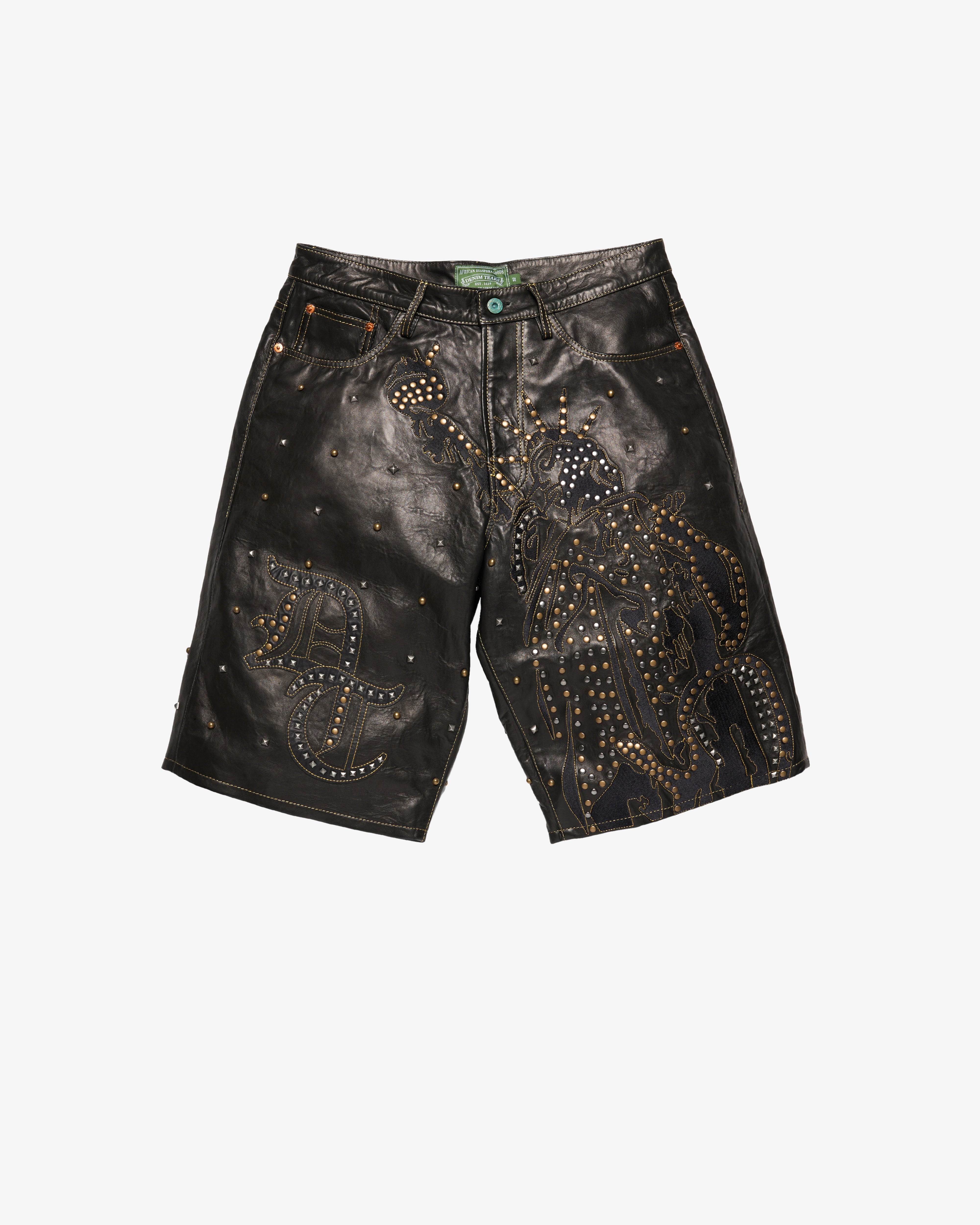 Denim Tears: Men's Lady Liberty Studded Leather Short (Black