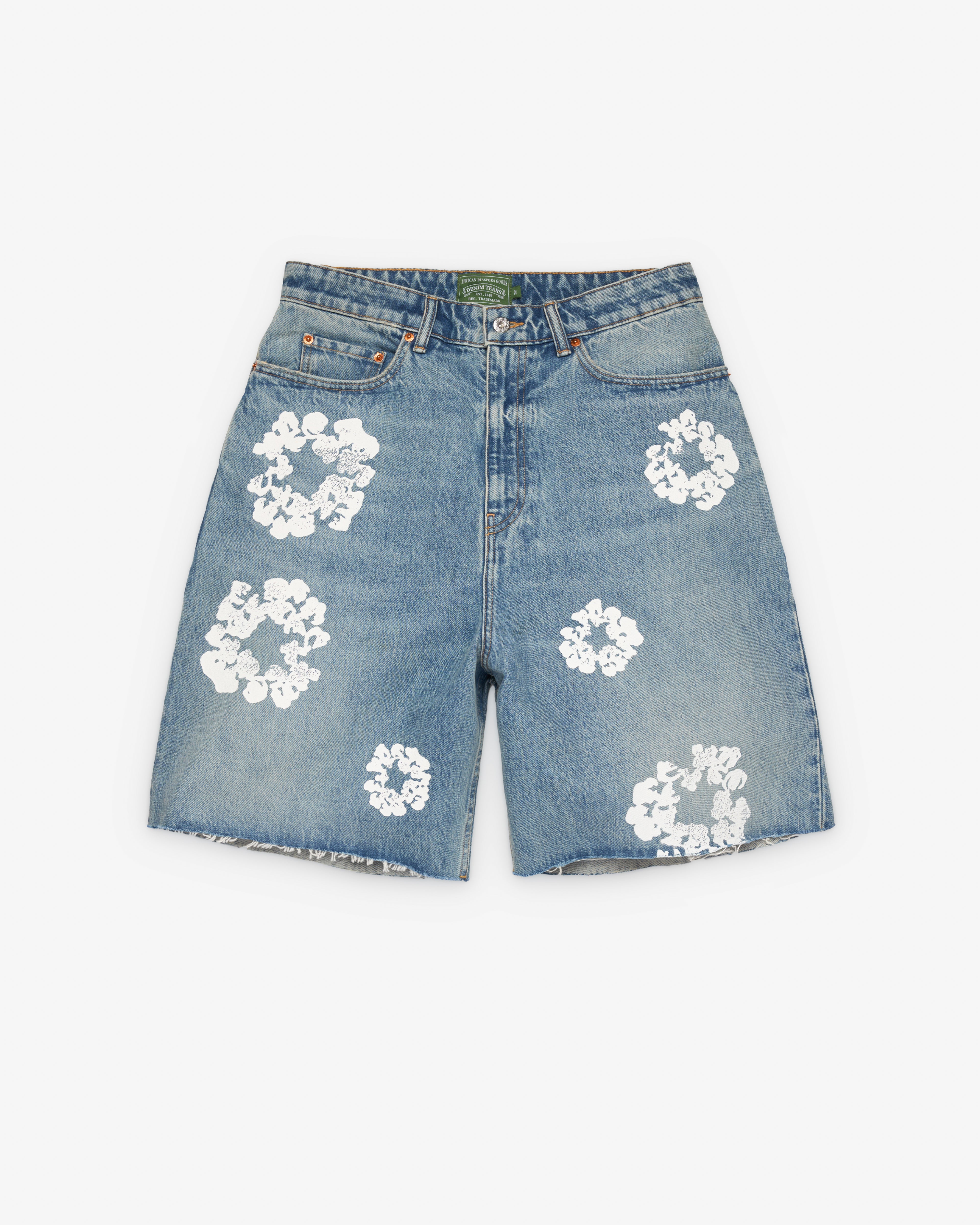 Denim Tears: Men's Cotton Wreath Denim Shorts (Light Wash) | DSMNY